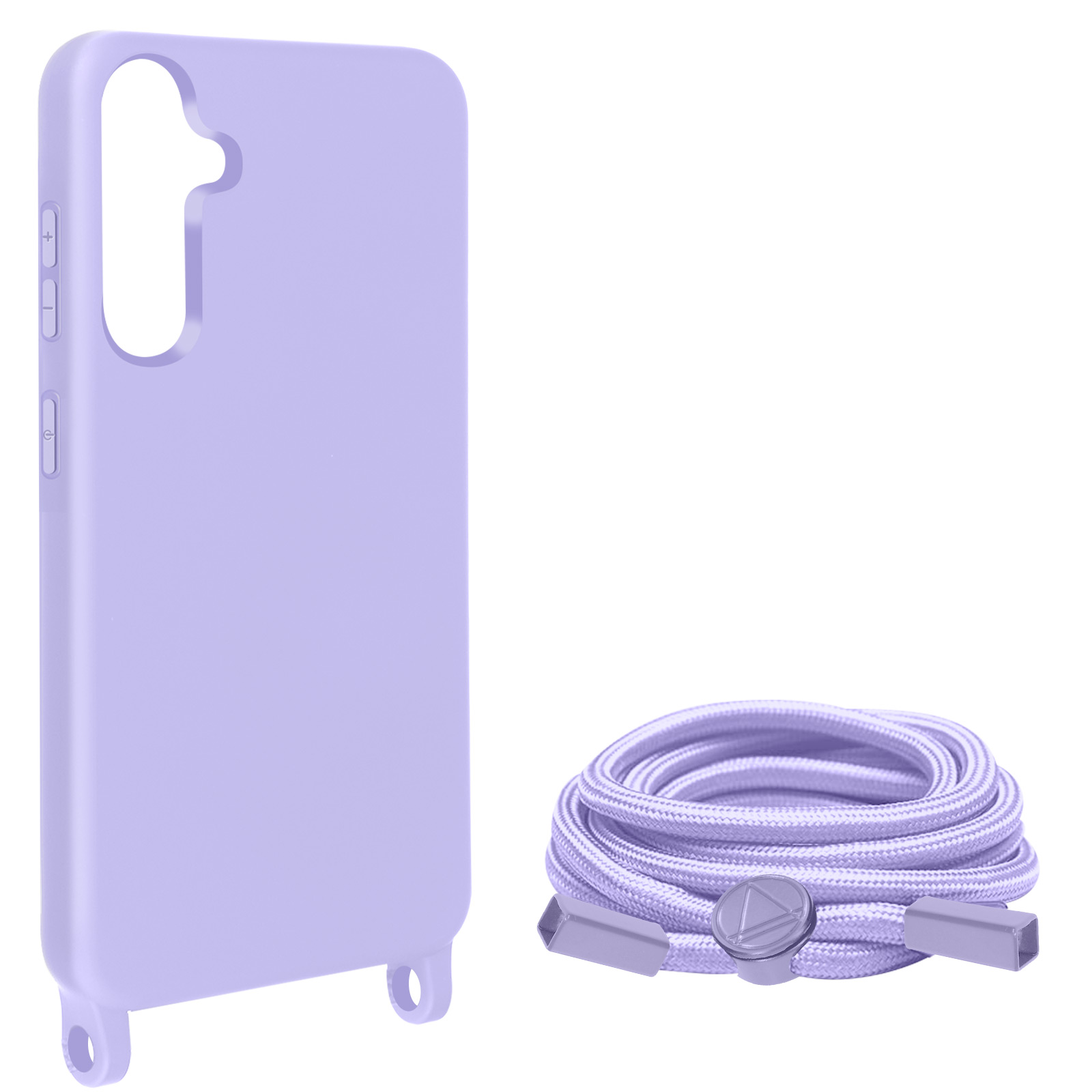 Custodia per telefono lilla con cinturino abbinato. La custodia ha ritagli per i pulsanti. Sfondo bianco.