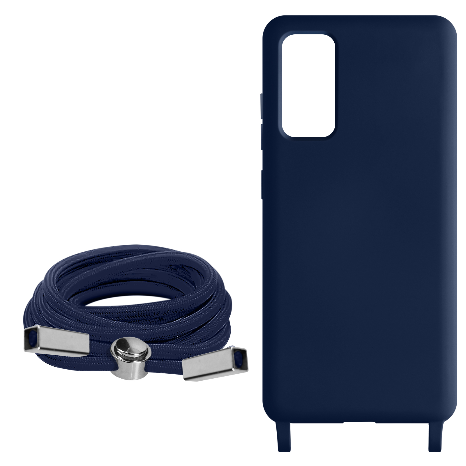 Coque de téléphone bleu marine avec une corde bleue et des fermoirs argentés sur fond blanc.