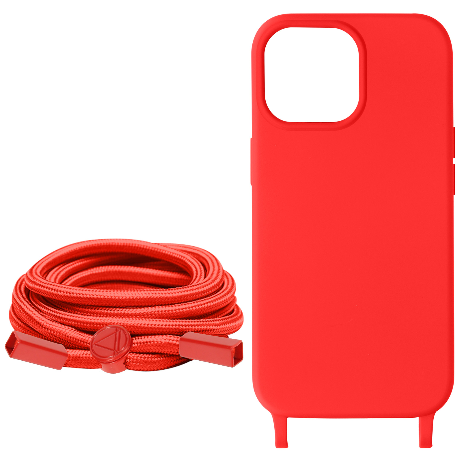 Custodia per telefono rossa e cinturino per telefono rosso. Entrambi sono su uno sfondo bianco.