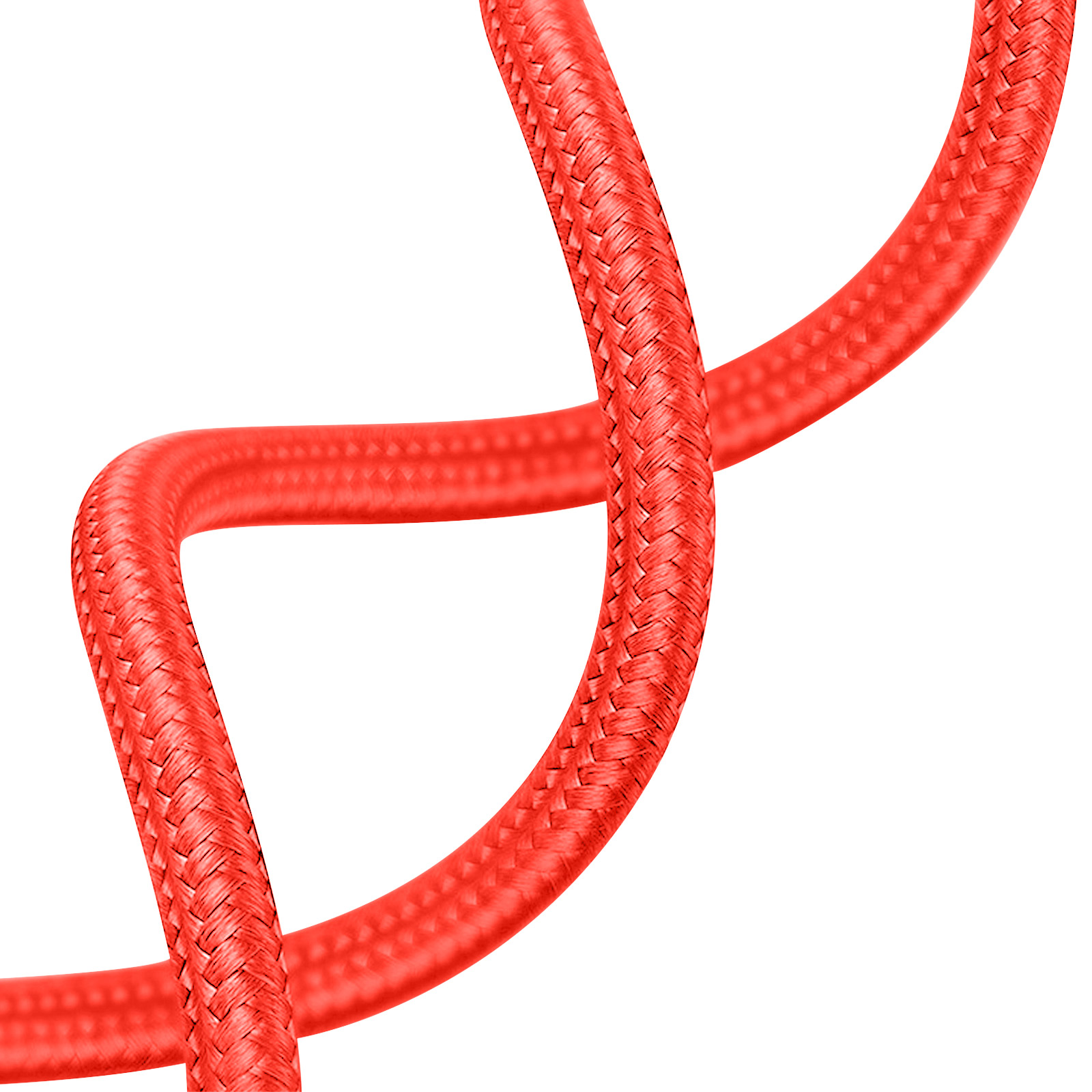 Cavo rosso intrecciato, in forma curva su sfondo bianco, che mostra la trama.
