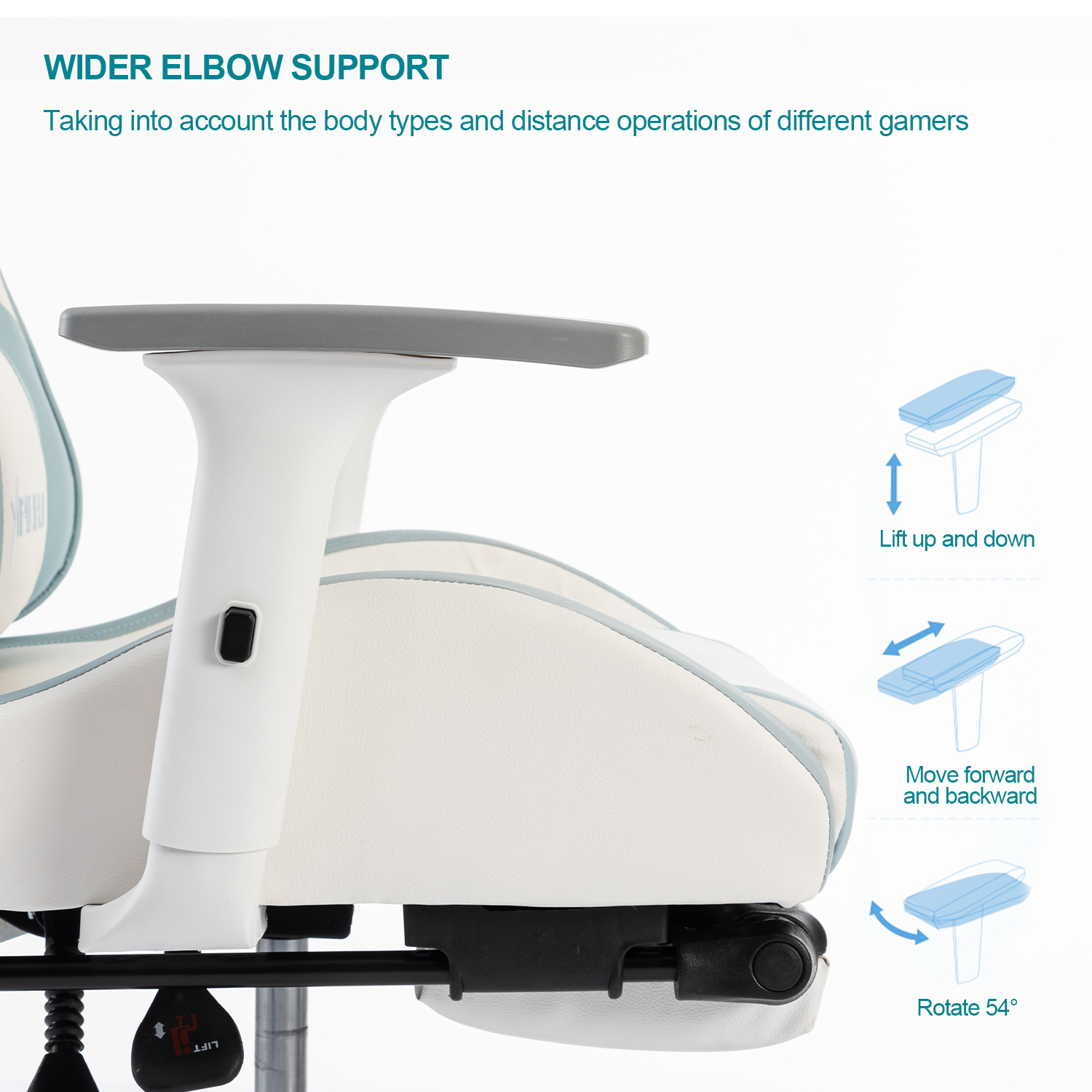 Silla gamer blanca y azul con soporte de codo más ancho. Diagramas muestran ajustes del apoyabrazos.