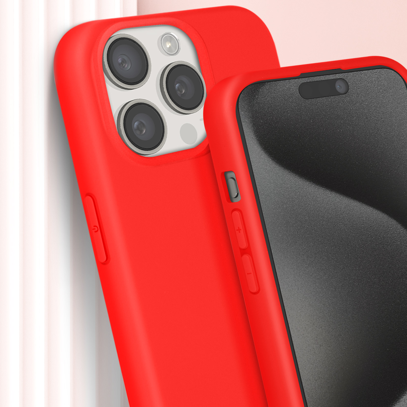Custodia rossa, telefono nero all'interno. Pulsanti visibili. Sfondo bianco.