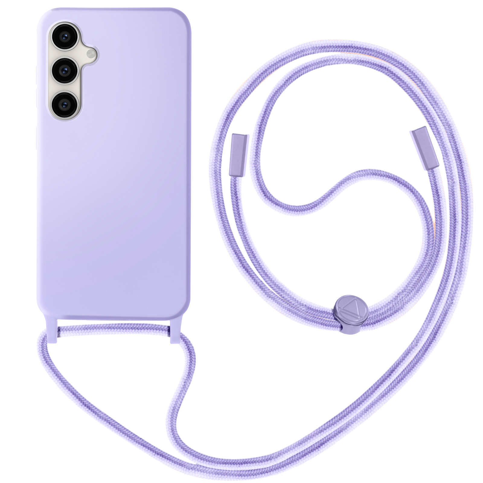 Custodia per telefono lavanda con cordino. Sfondo bianco. Il telefono ha tre fotocamere.