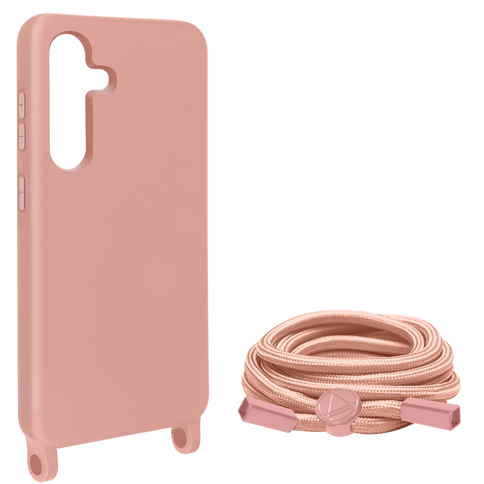 Custodia rosa per telefono con cordino abbinato. La custodia è rosa pieno.