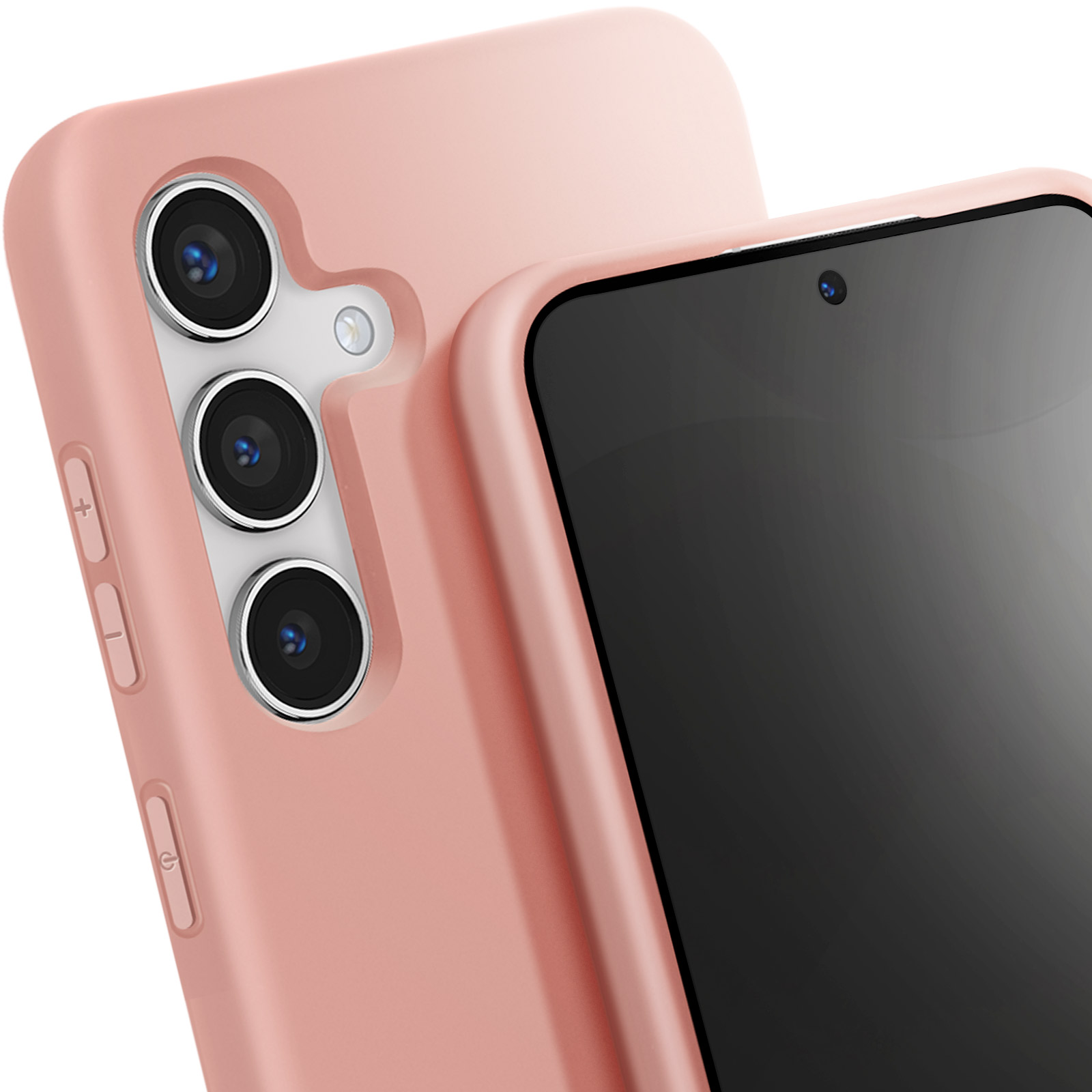 Due custodie per telefono rosa, una con la fotocamera visibile, su sfondo bianco. Lo sfondo è sfocato.
