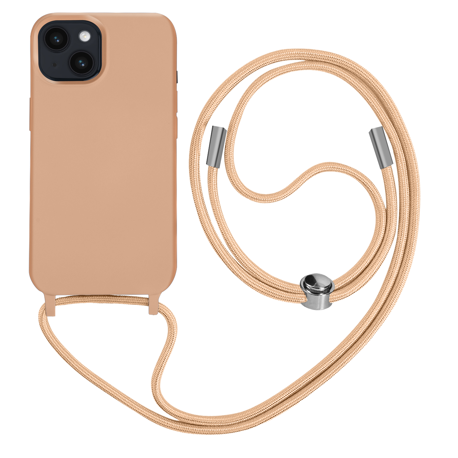 Een bruine telefoonhoes met een riem, tegen een witte achtergrond.