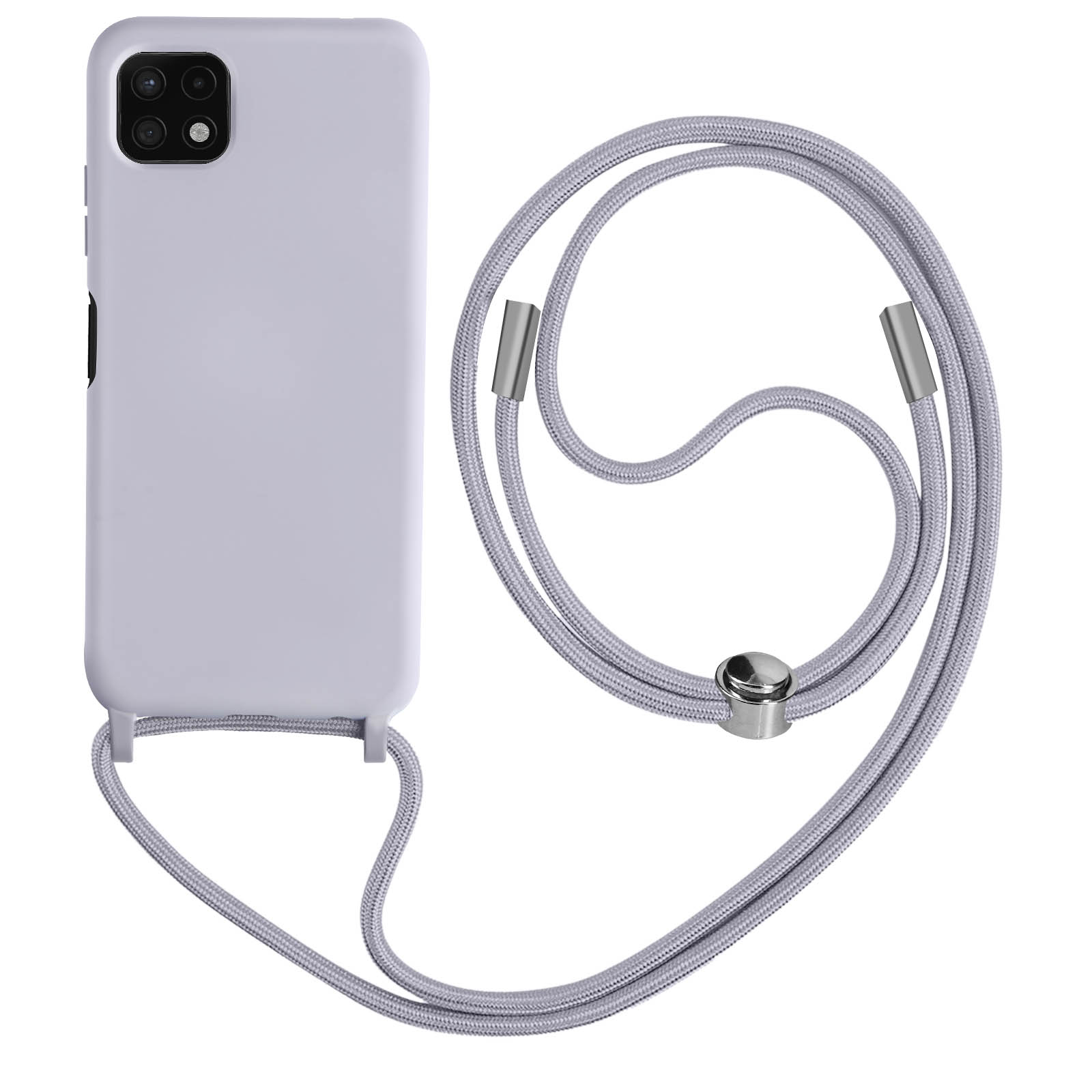 Coque de téléphone lilas avec un cordon assorti. Détails argentés.
