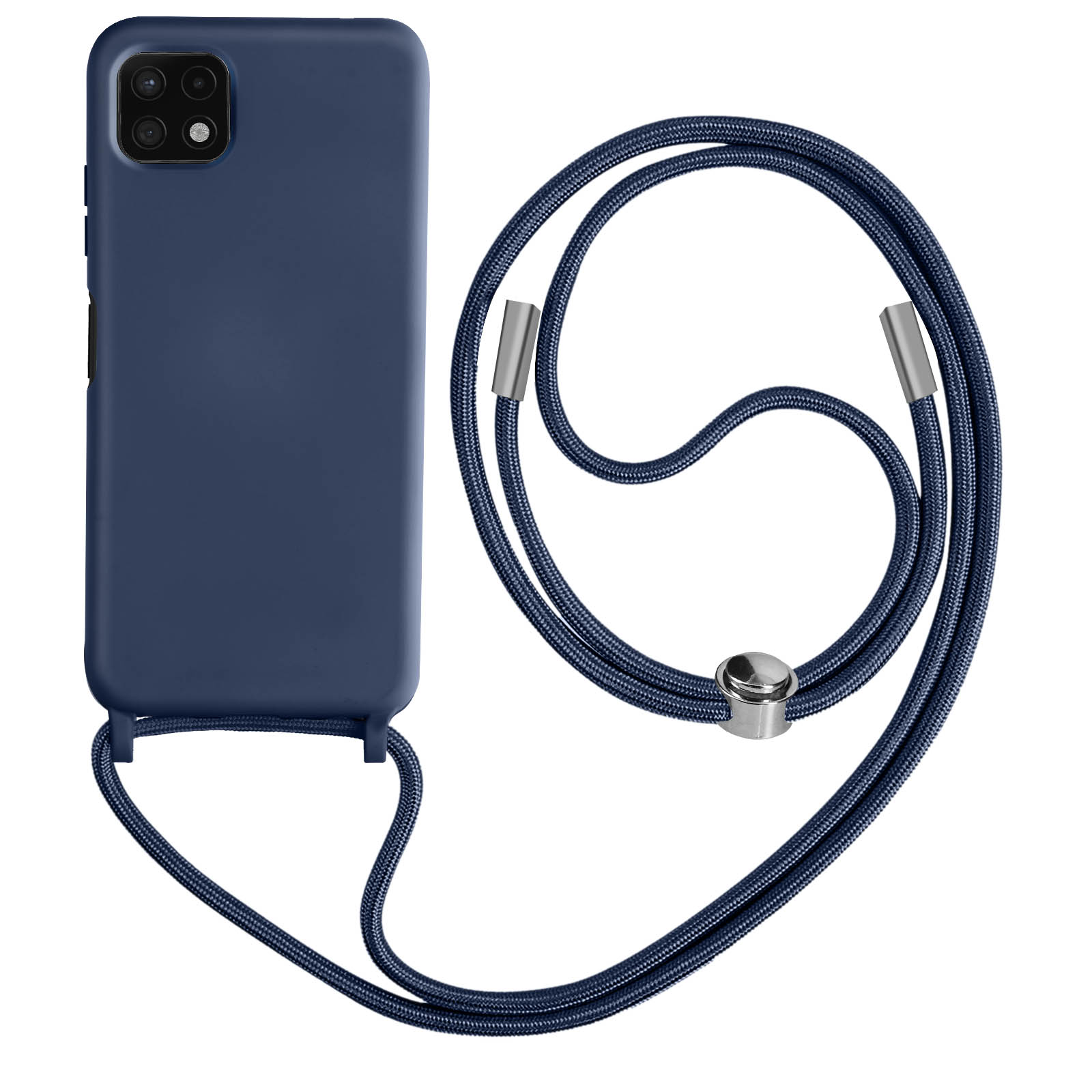 Coque de téléphone bleu foncé avec une sangle. Le téléphone a des caméras à l'arrière.