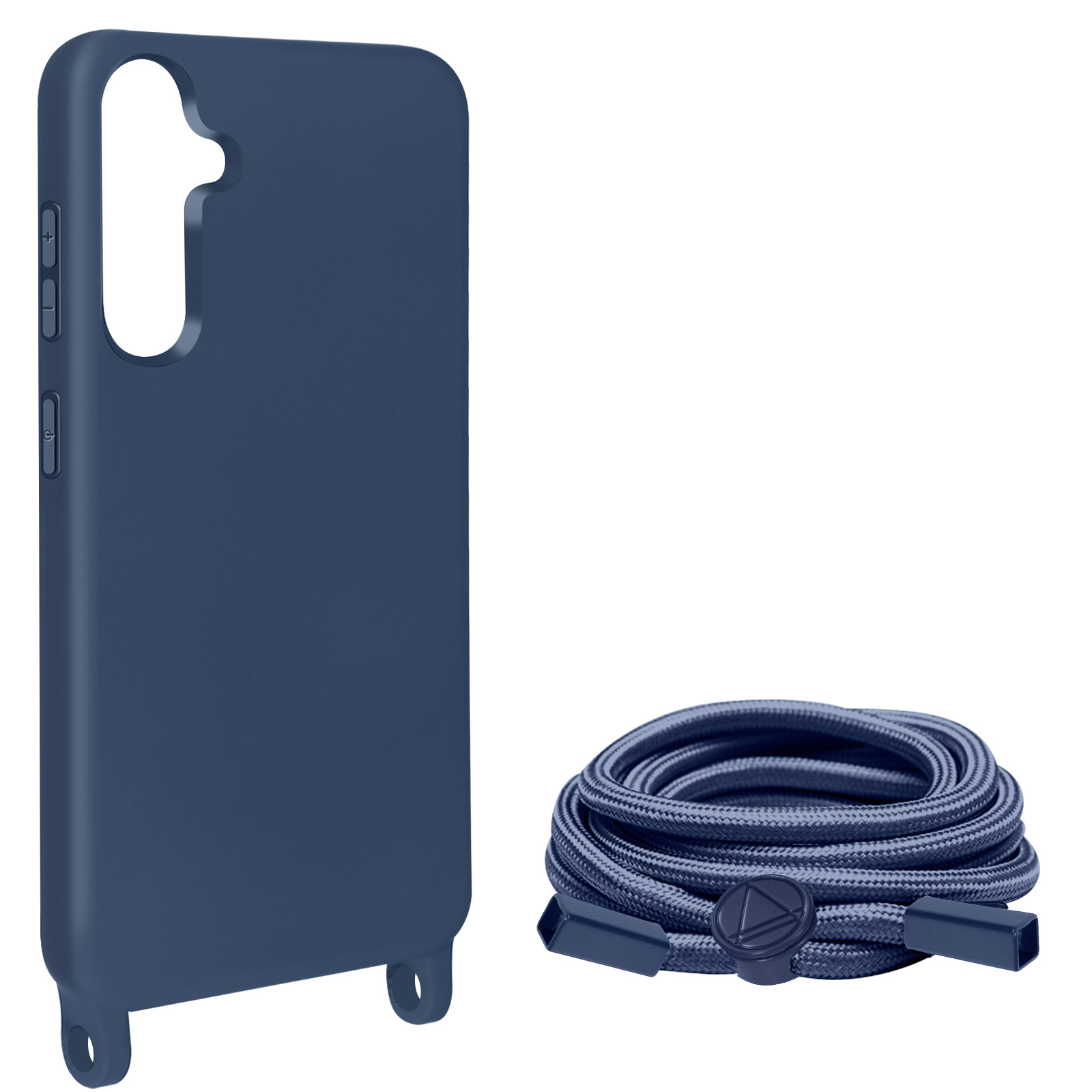 Custodia per telefono blu con cinturino blu scuro. Entrambi su sfondo bianco.