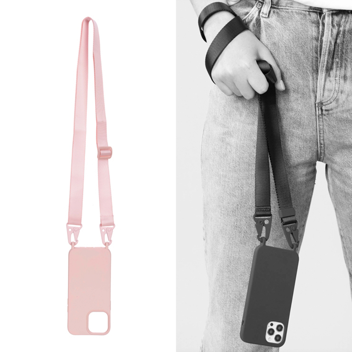 Custodia rosa con cinturino, cinturino nero, una persona che tiene il telefono.