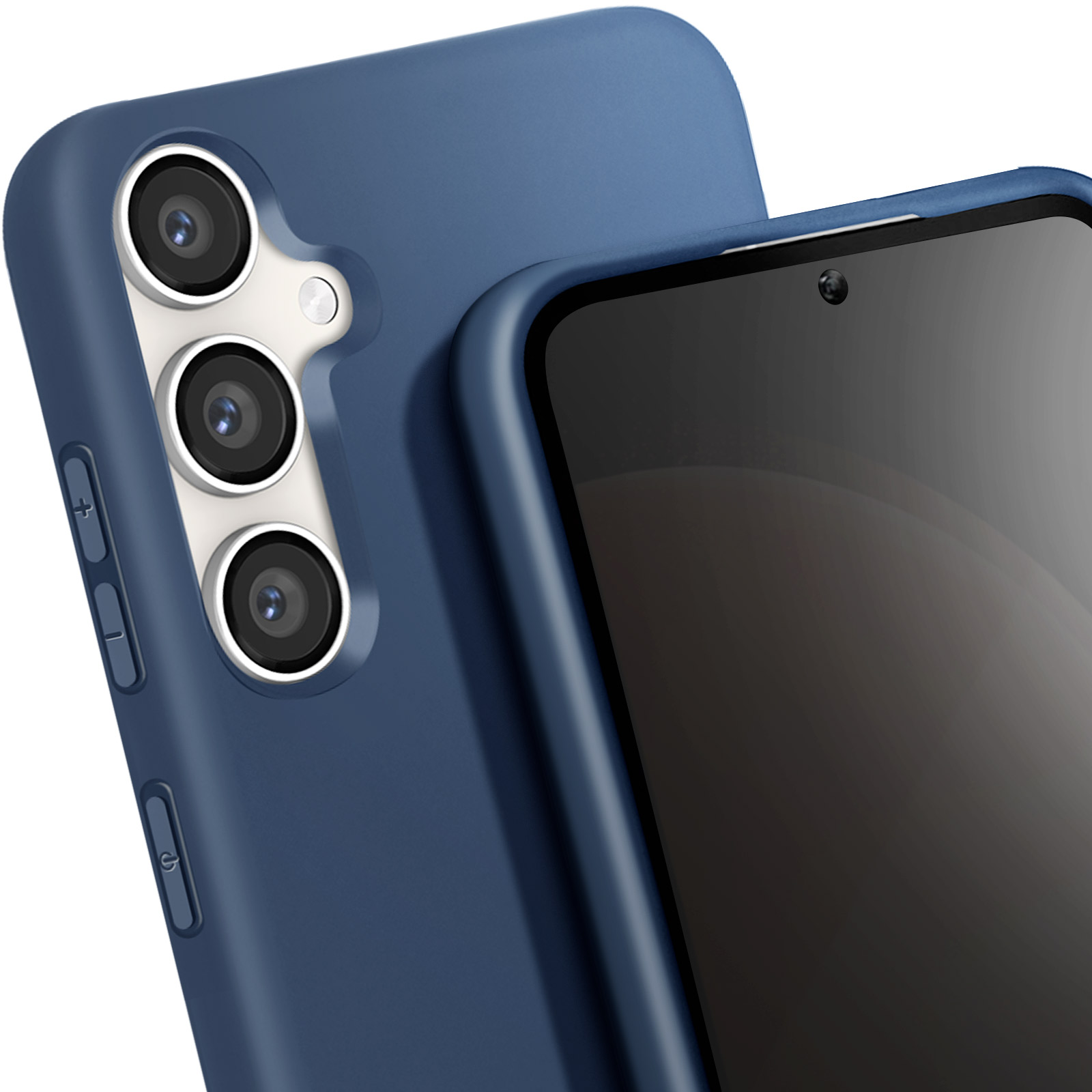 Primo piano di una custodia blu per telefono con un telefono all'interno. Il telefono ha tre fotocamere.