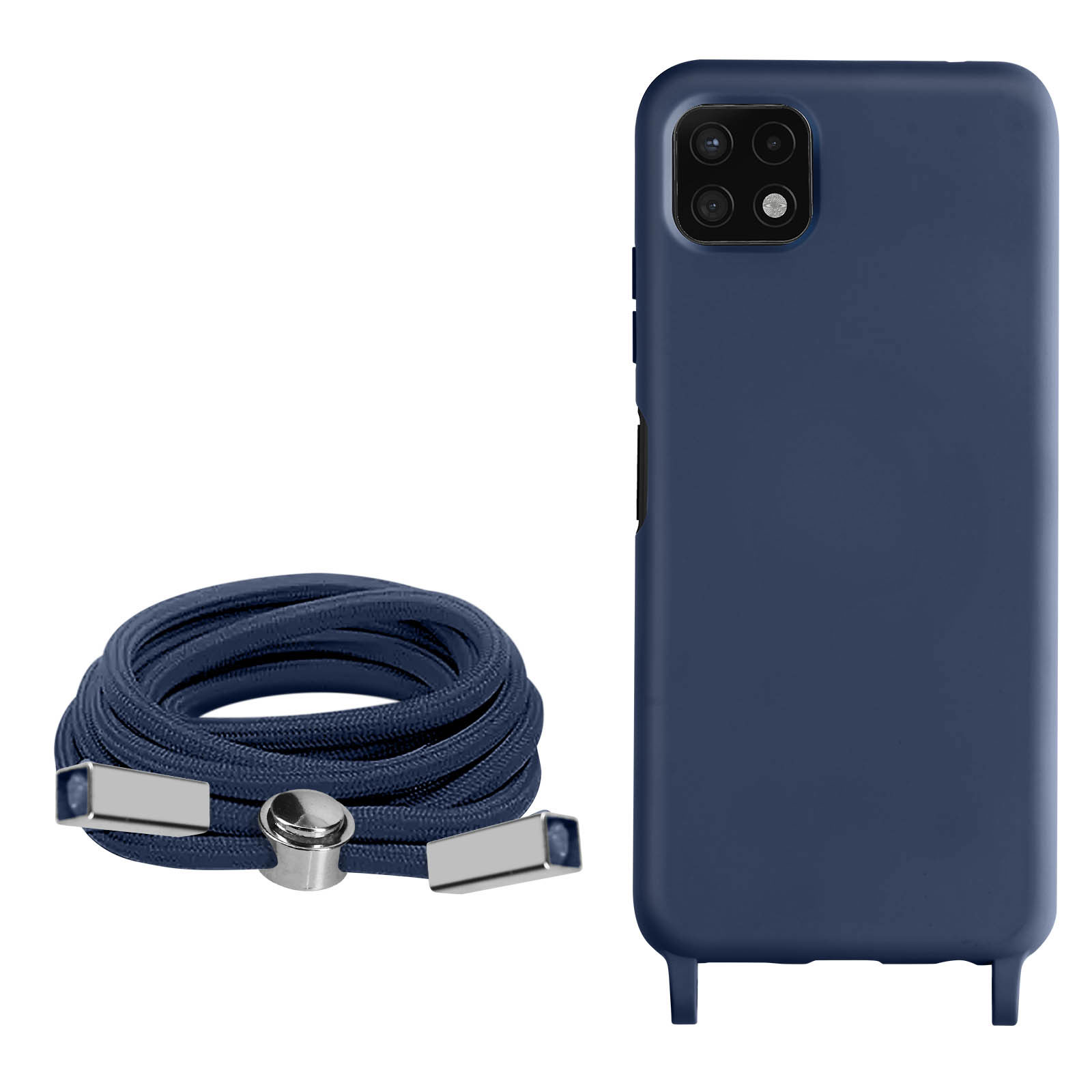 Un étui de téléphone et un cordon. L'étui est bleu et le cordon est noir.