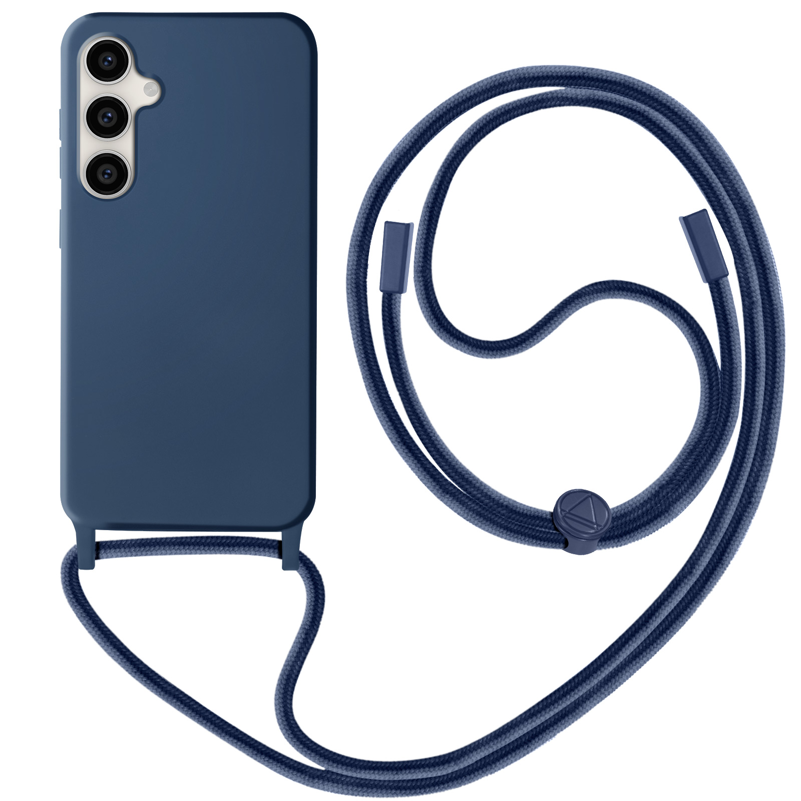 Custodia per telefono blu con cordino blu coordinato. La custodia ha un rigonfiamento per la fotocamera. Il cordino è intorno.