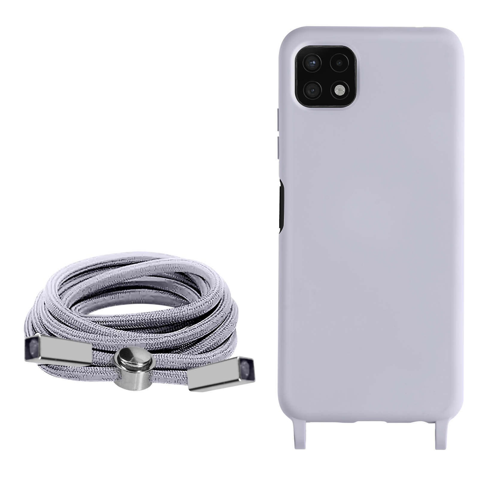 Une coque de téléphone avec un cordon, de couleur lilas clair et grise.