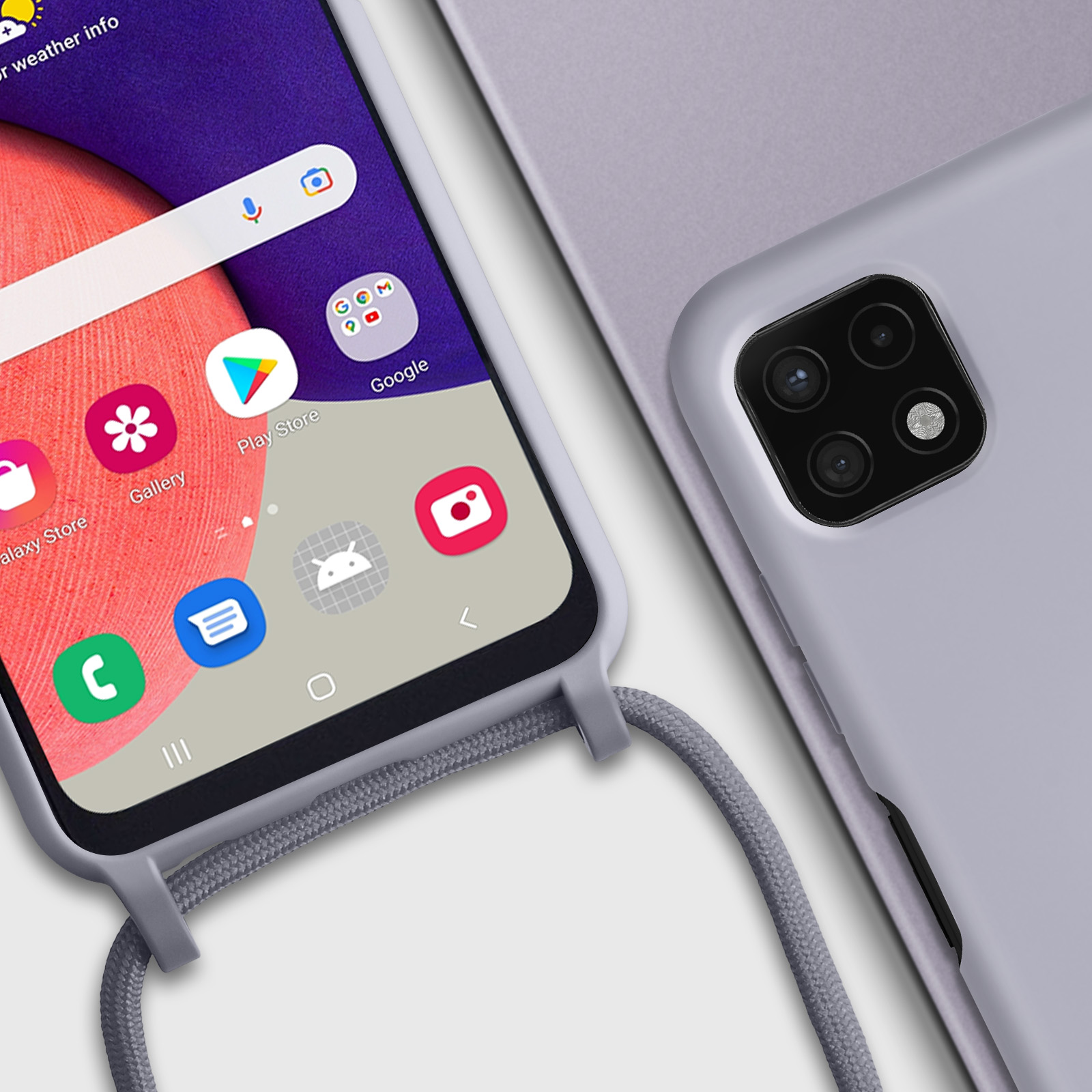 Téléphone avec étui gris et cordon, applications visibles. Une autre coque de téléphone violette.