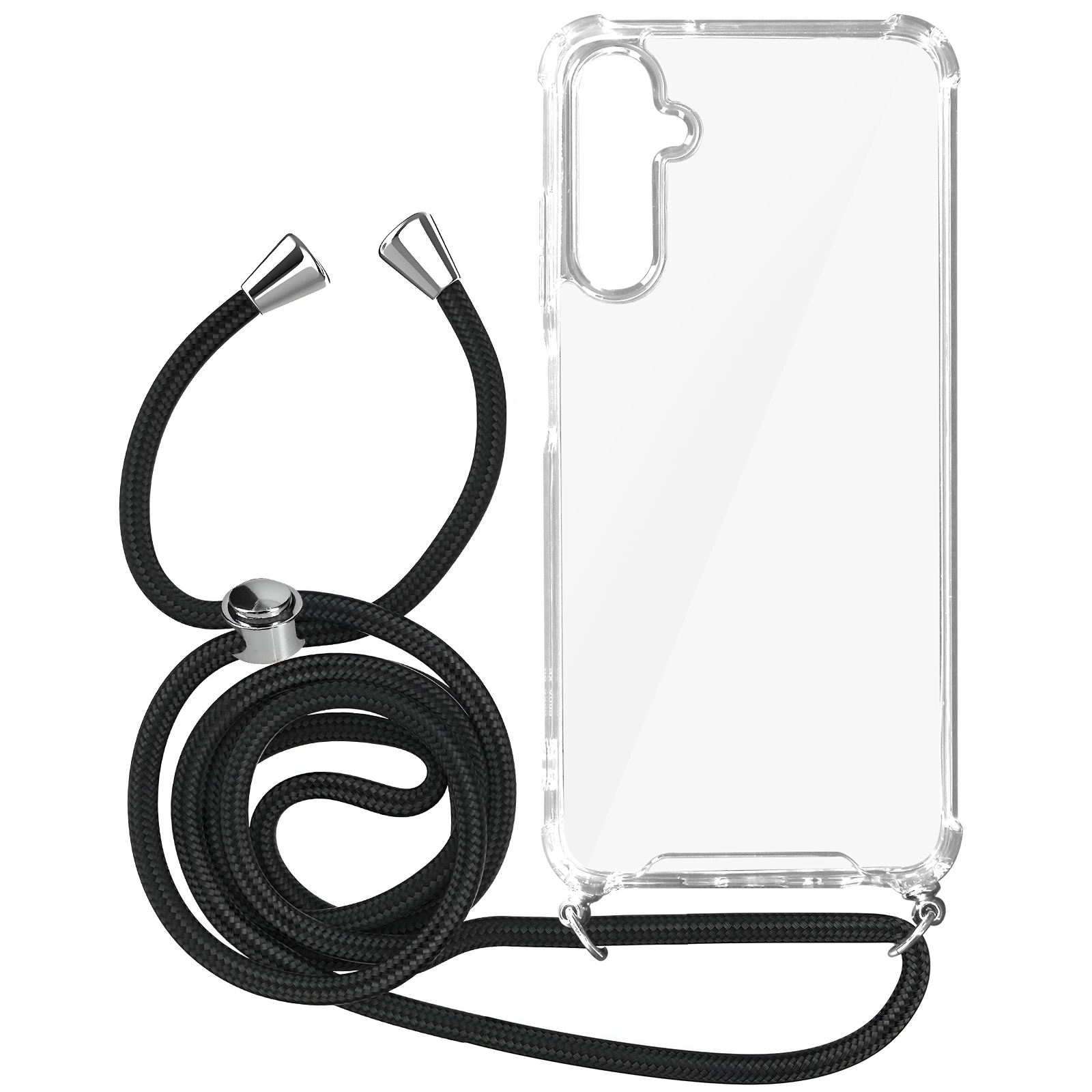 Custodia per telefono con cordino nero. Custodia trasparente a destra. Cordino arrotolato con chiusura.