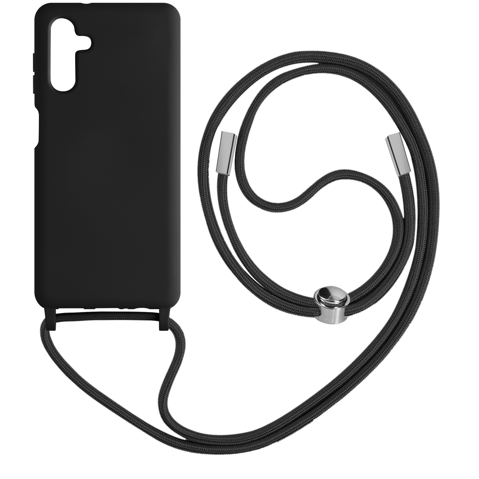 Custodia per telefono nera con cordino nero, isolata su sfondo bianco.