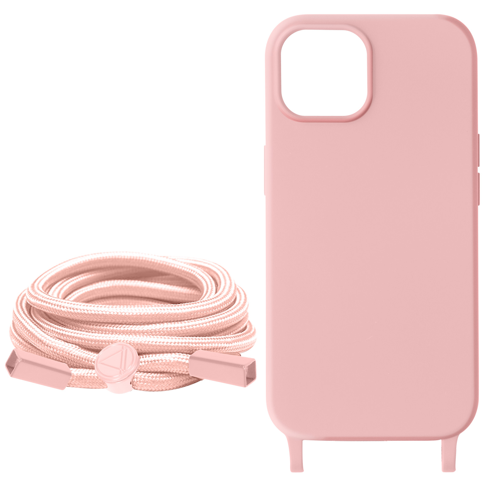 Custodia rosa e corda rosa con connettore, tutto su sfondo bianco.