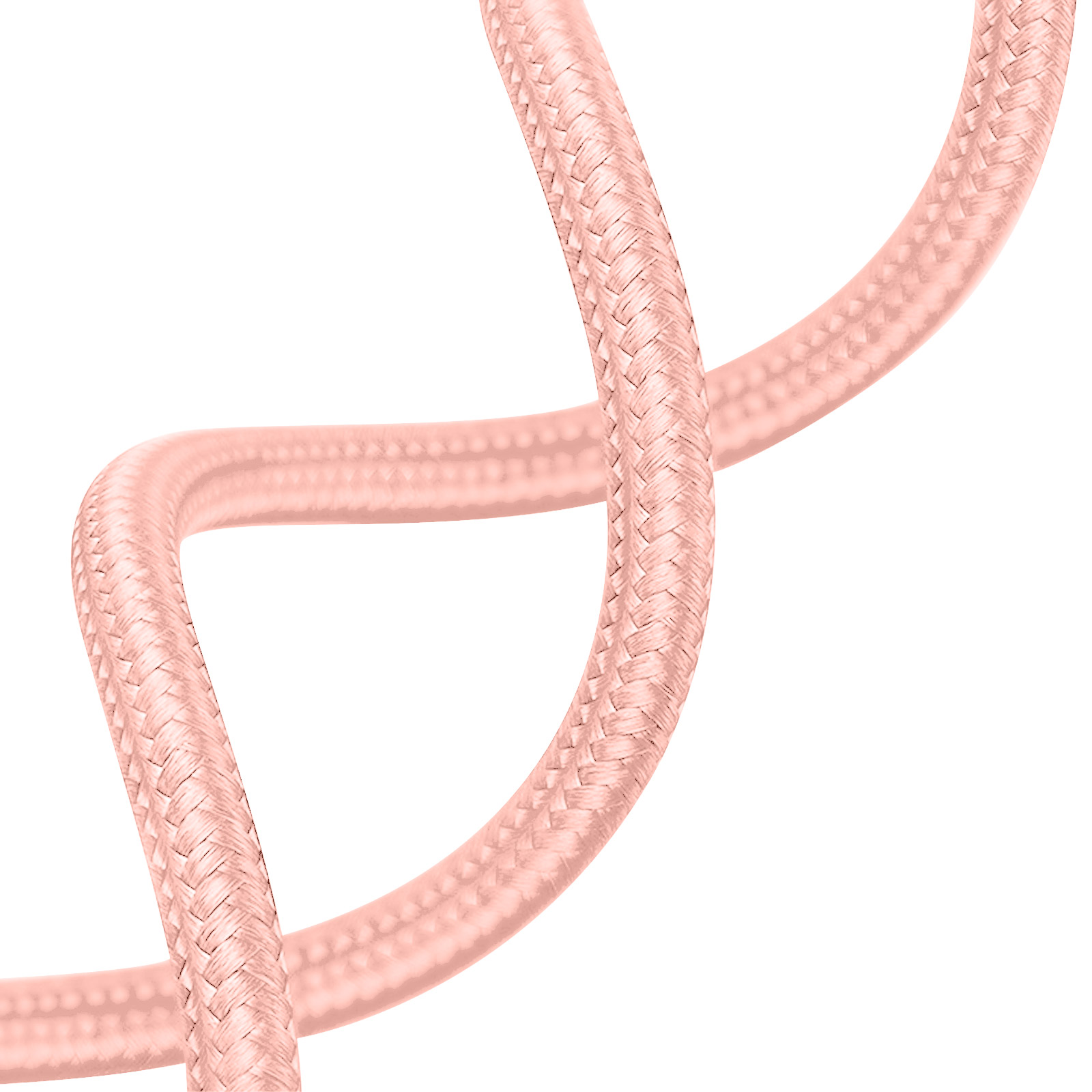 Un cavo intrecciato rosa, primo piano. Sfondo bianco, illuminazione soffusa, trama dettagliata.