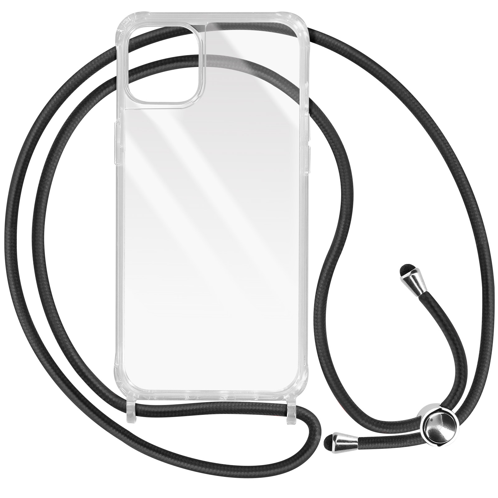 Una custodia trasparente per telefono con un cordino nero è mostrata.