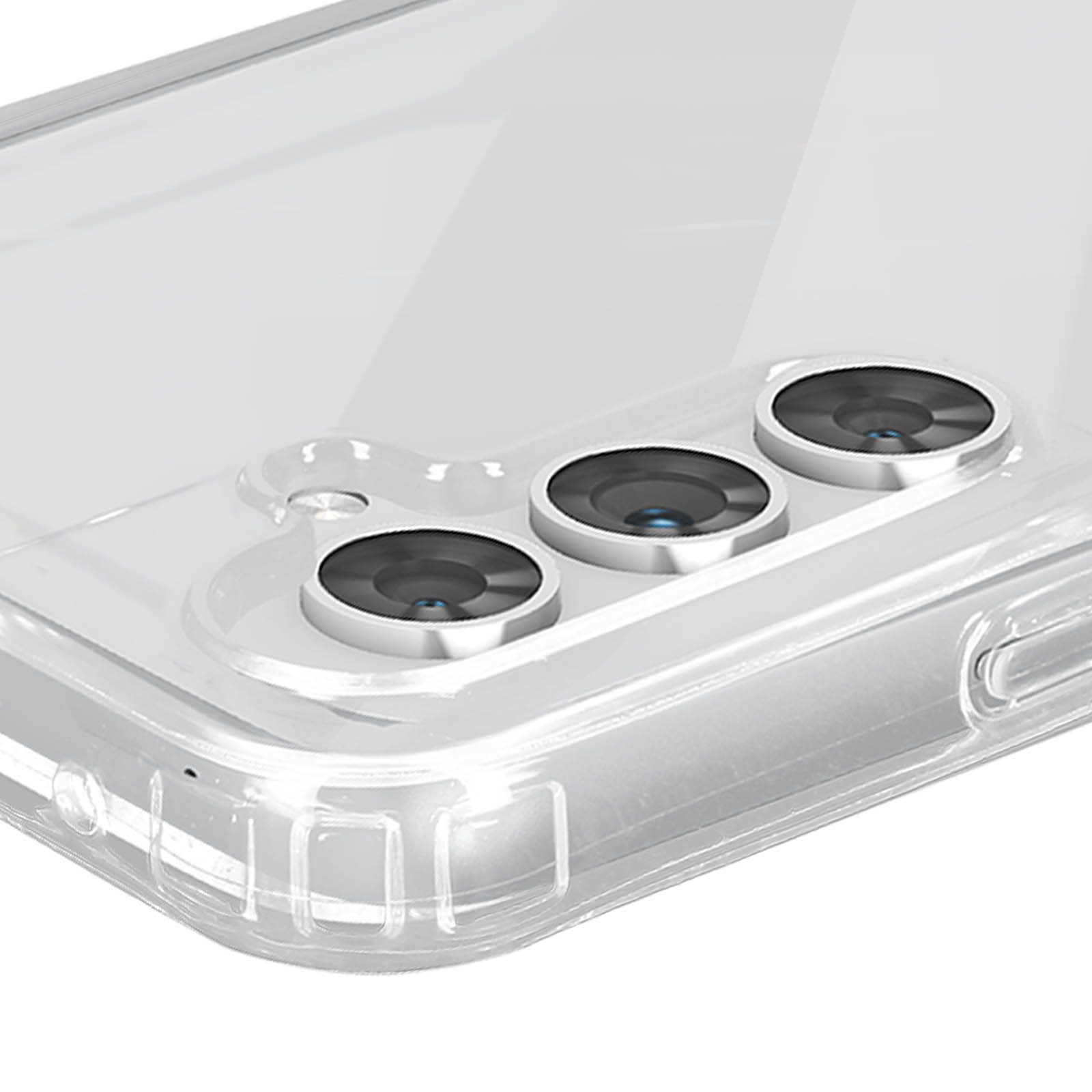 Primo piano del modulo fotocamera di un telefono. Il modulo ha tre obiettivi in una custodia trasparente.