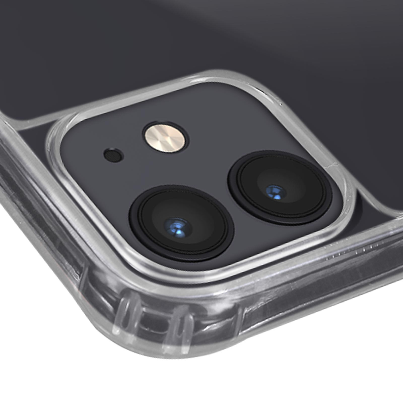 Primer plano de las lentes de la cámara de un teléfono en una funda transparente. Lentes negras.