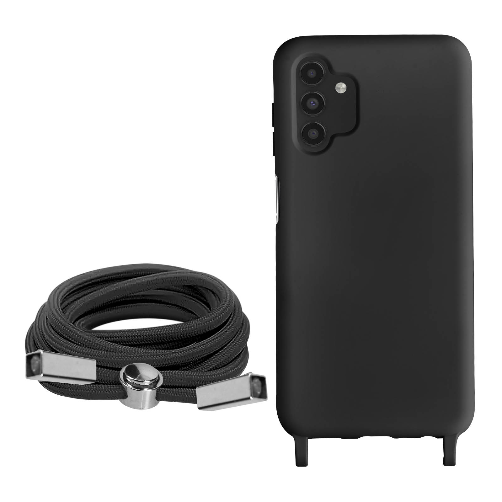 Custodia per telefono nera con un cavo nero e un supporto nero. Il telefono ha fotocamere sul retro.