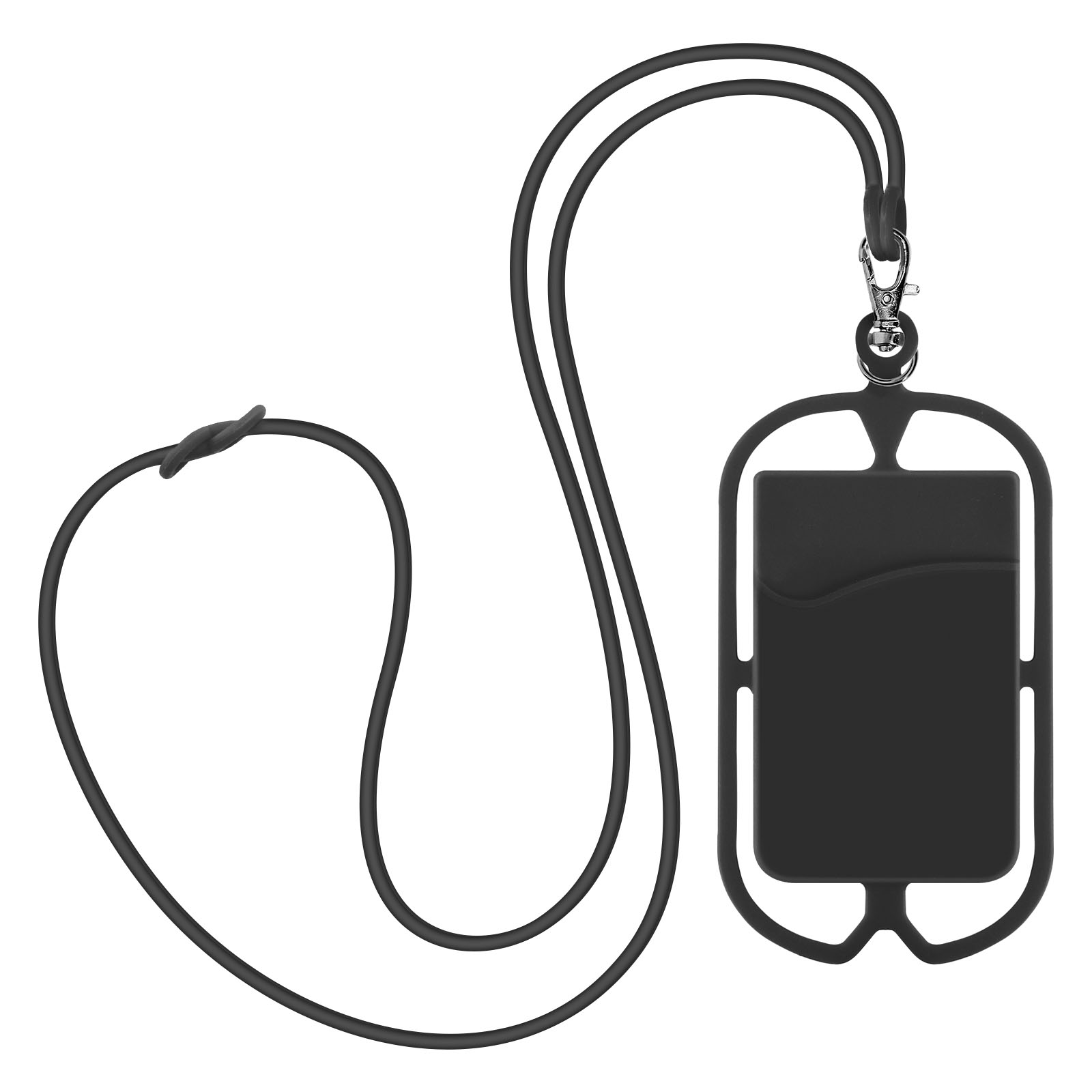 Supporto nero per telefono con cinturino, isolato su sfondo bianco.