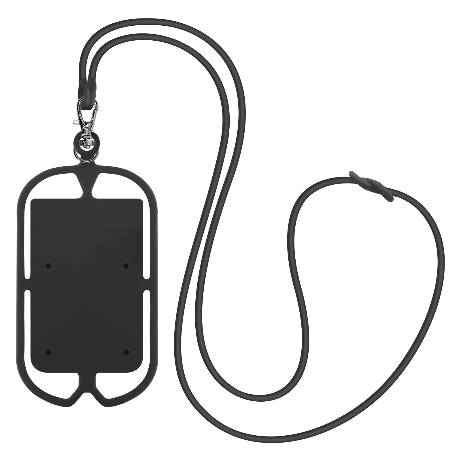 Un supporto per telefono nero con un cordino nero. È un design semplice.