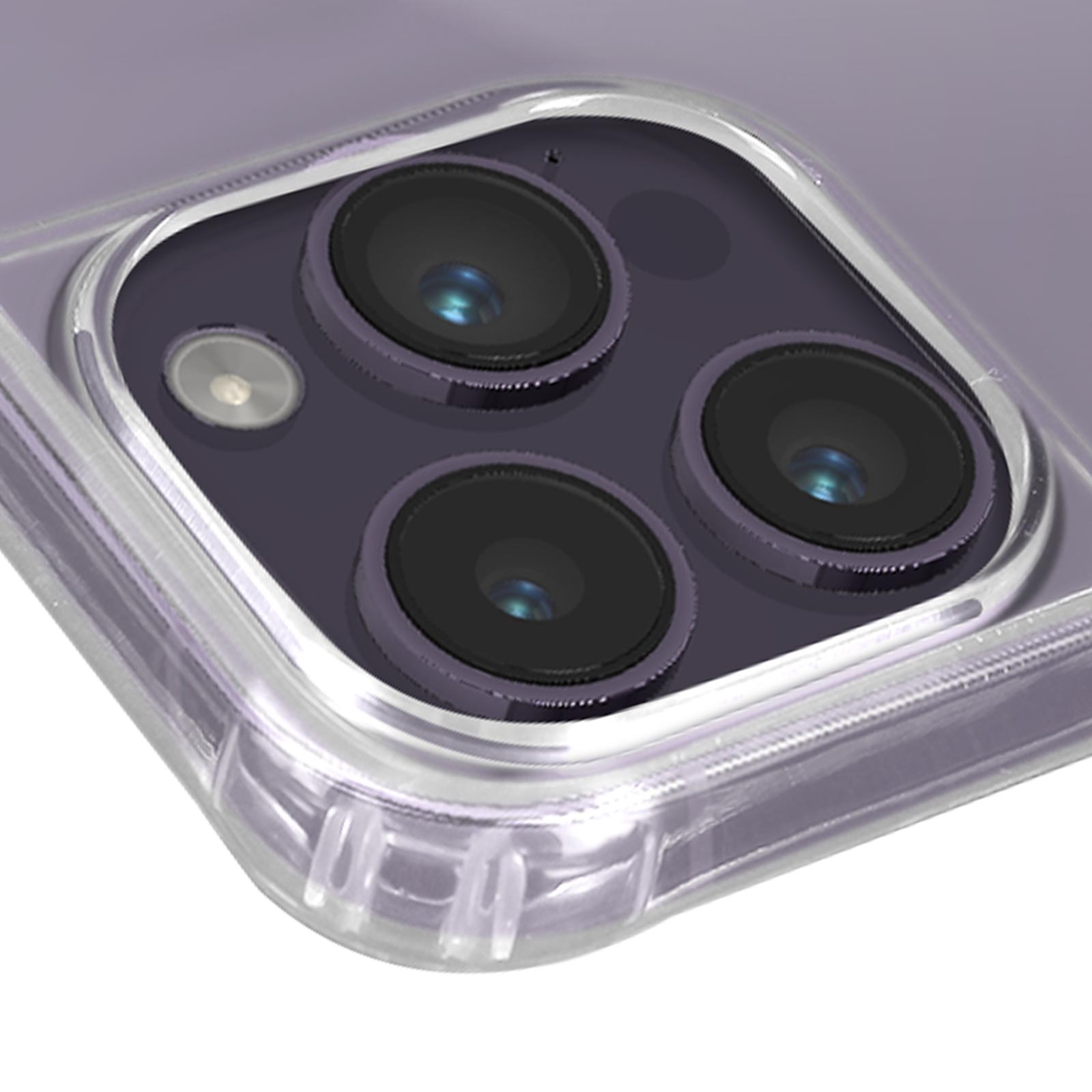 Primo piano degli obiettivi della fotocamera di un telefono, racchiusi in una custodia viola trasparente.