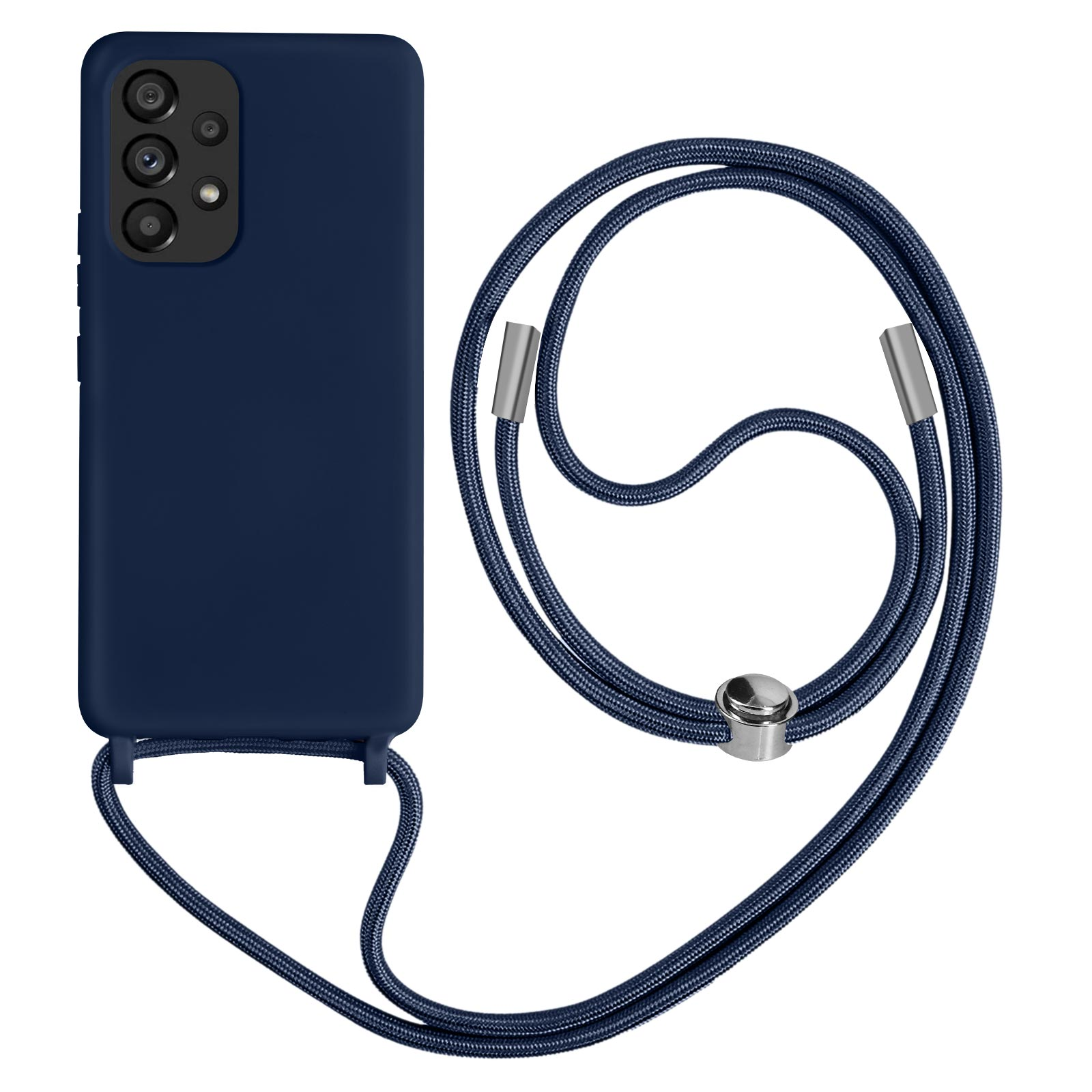 Coque de téléphone bleu marine avec une lanière bleu marine. Un téléphone avec trois caméras est visible.