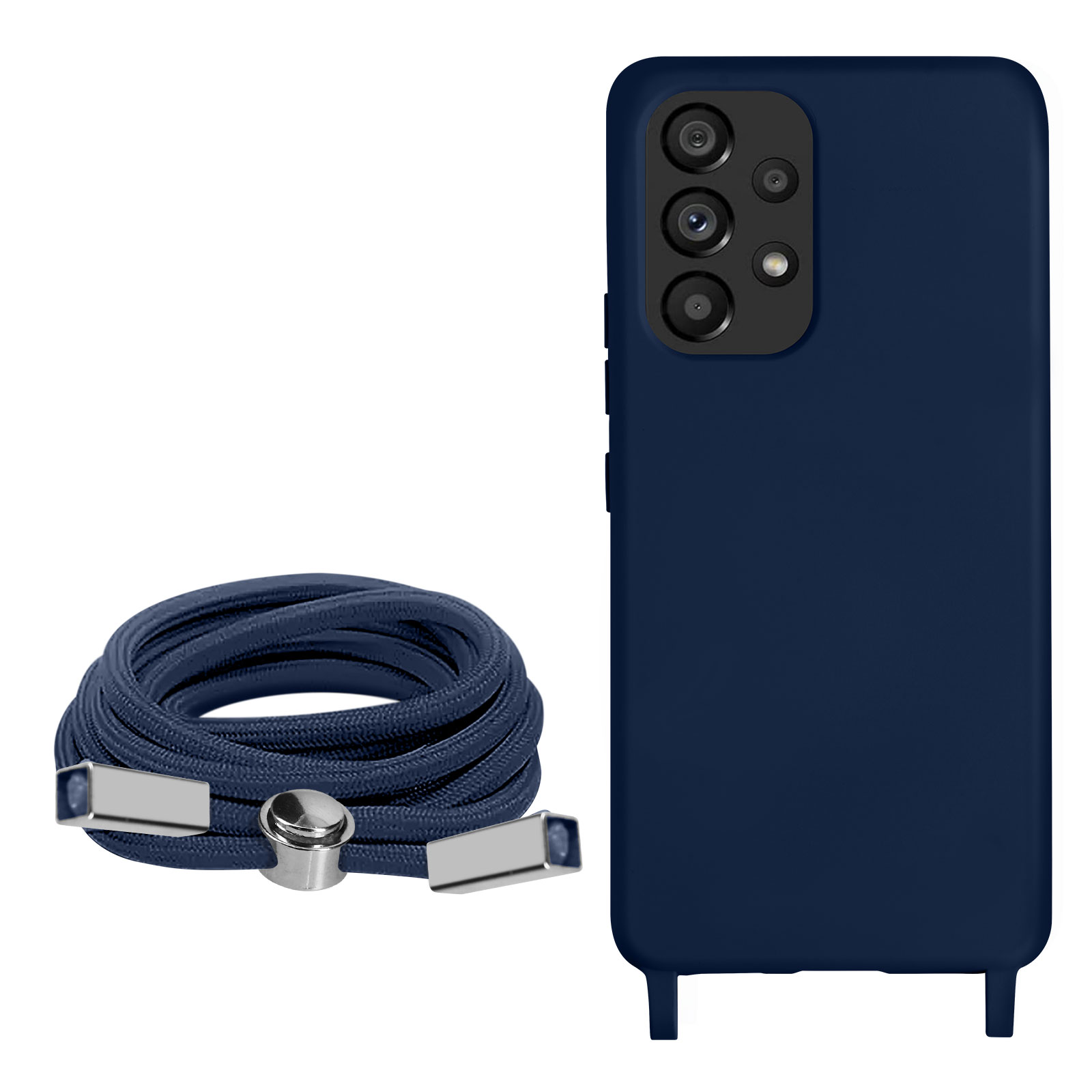 Une coque de téléphone bleu marine et un cordon bleu marine. Le cordon est enroulé.