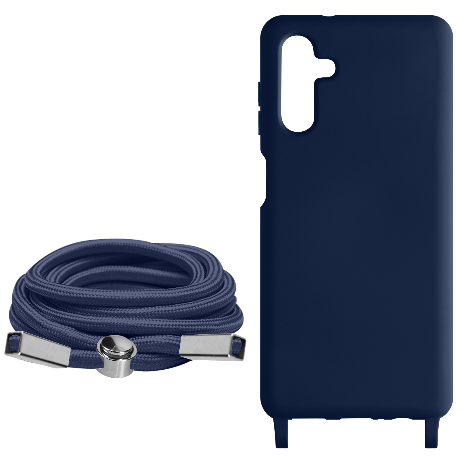 Custodia blu navy e cordino. Il cordino è arrotolato accanto alla custodia.