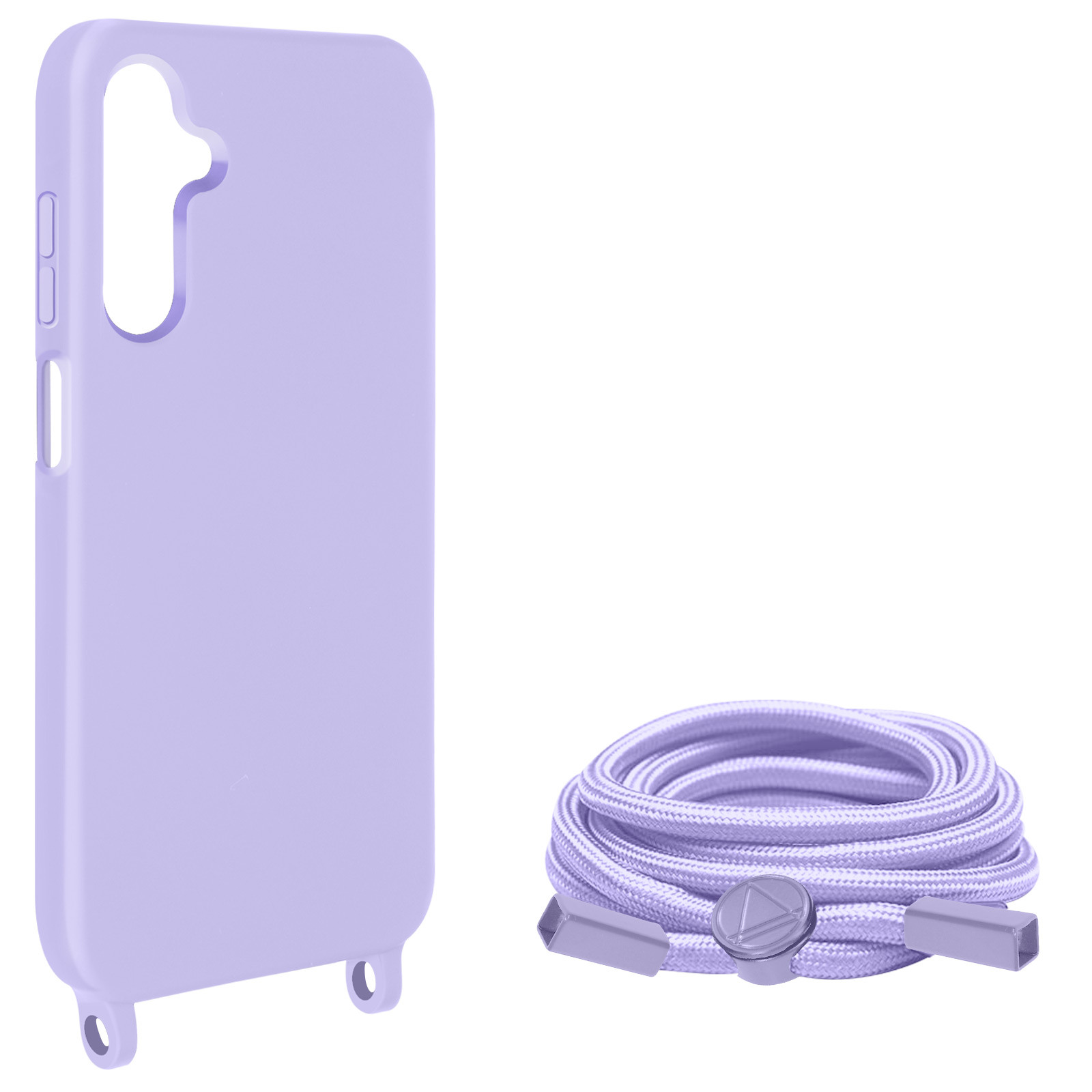 Una custodia per telefono lilla e un cavo abbinato. Sfondo bianco.