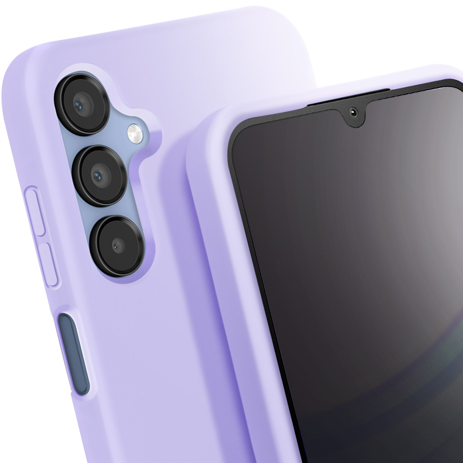 Primo piano di una custodia viola per telefono con tre obiettivi della fotocamera e uno schermo nero.