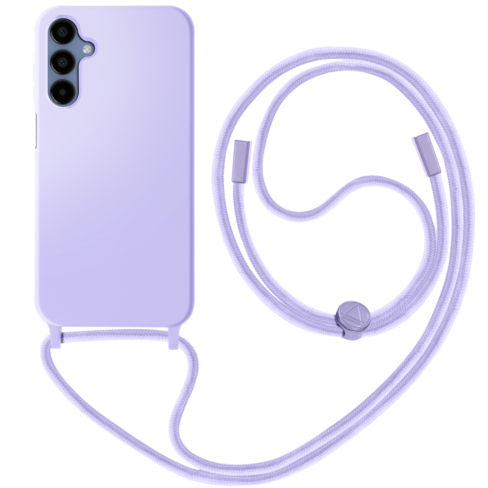Custodia per telefono lilla con cordino lilla, isolata su sfondo bianco.
