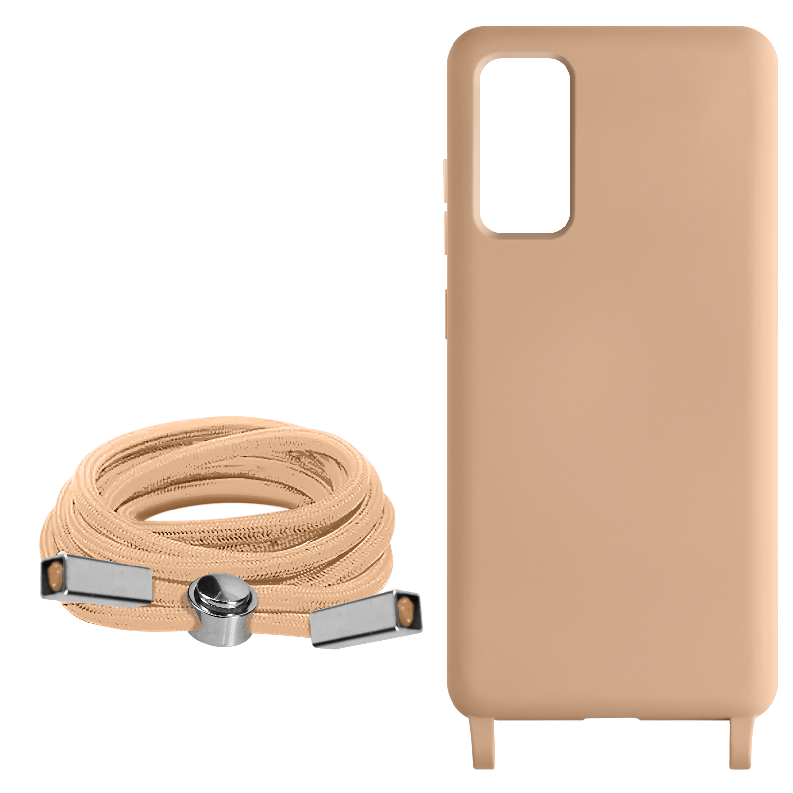 Custodia e cordino beige per telefono, su sfondo bianco.