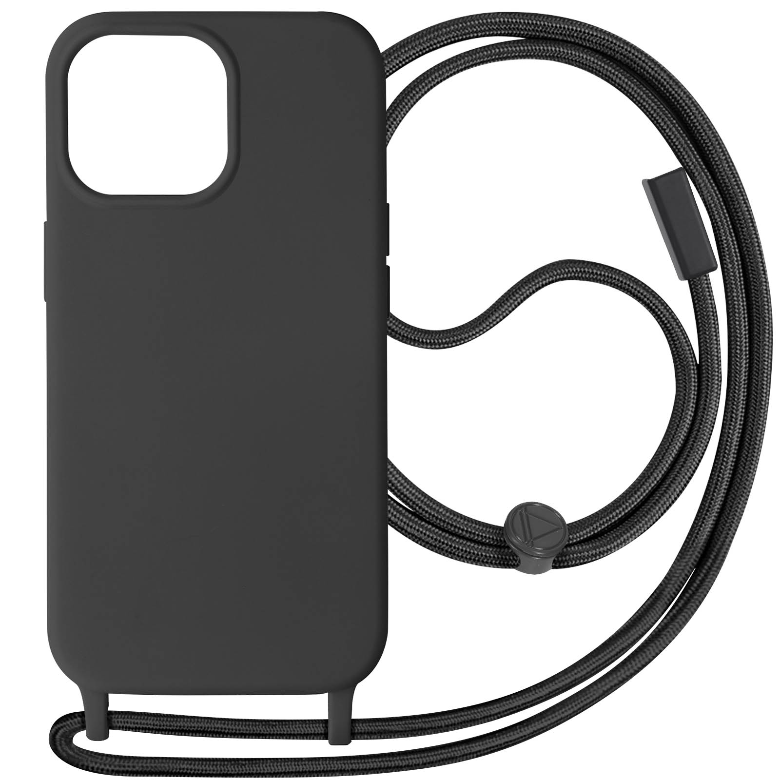 Custodia nera per telefono con cinturino in corda nero. Sfondo bianco. Custodia con intaglio fotocamera.