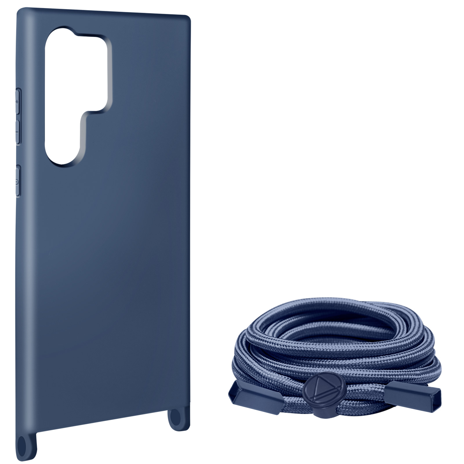 Una custodia blu per telefono e un cordino blu per appenderla.