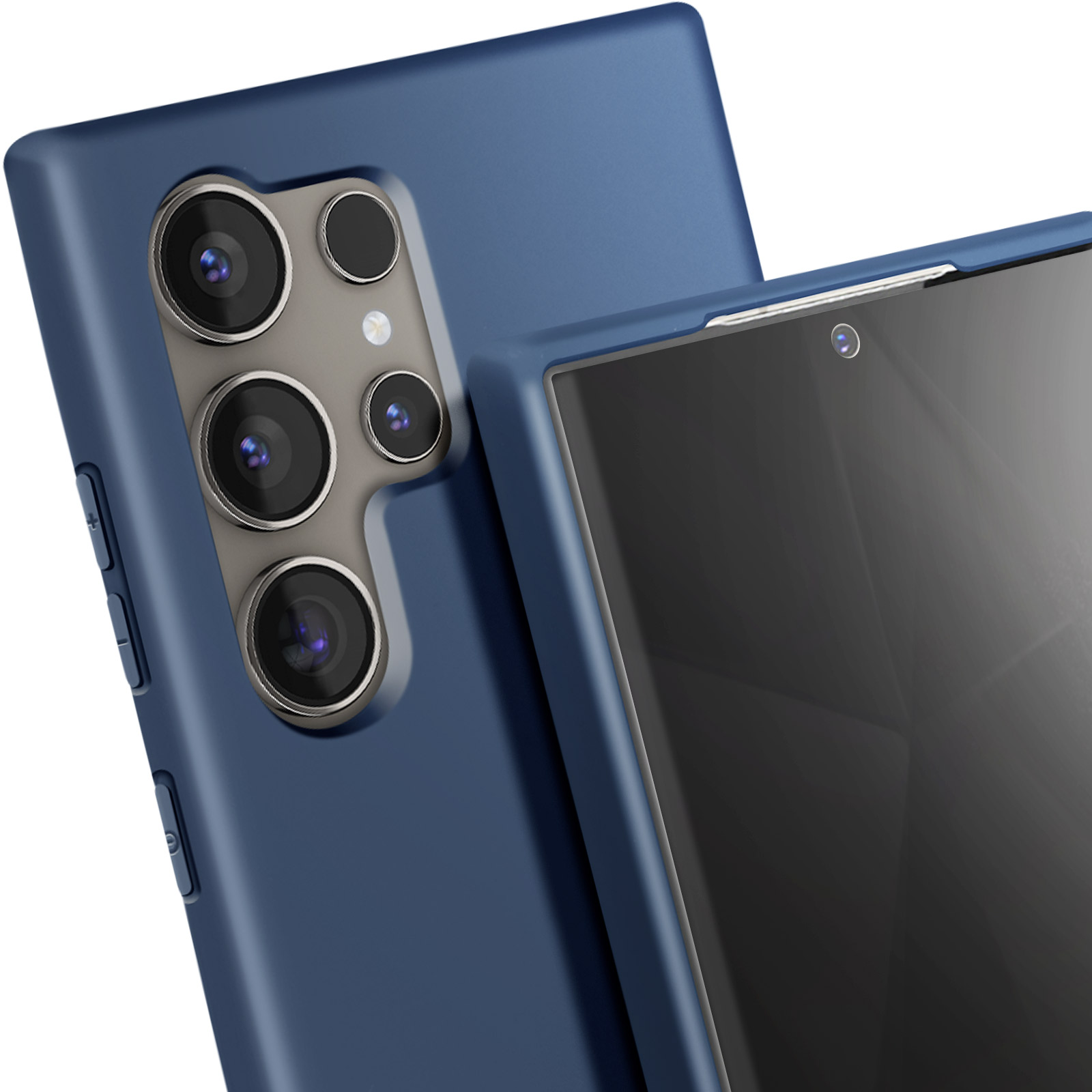 Primo piano di una custodia blu per telefono con fotocamere. Un'altra custodia è dietro.