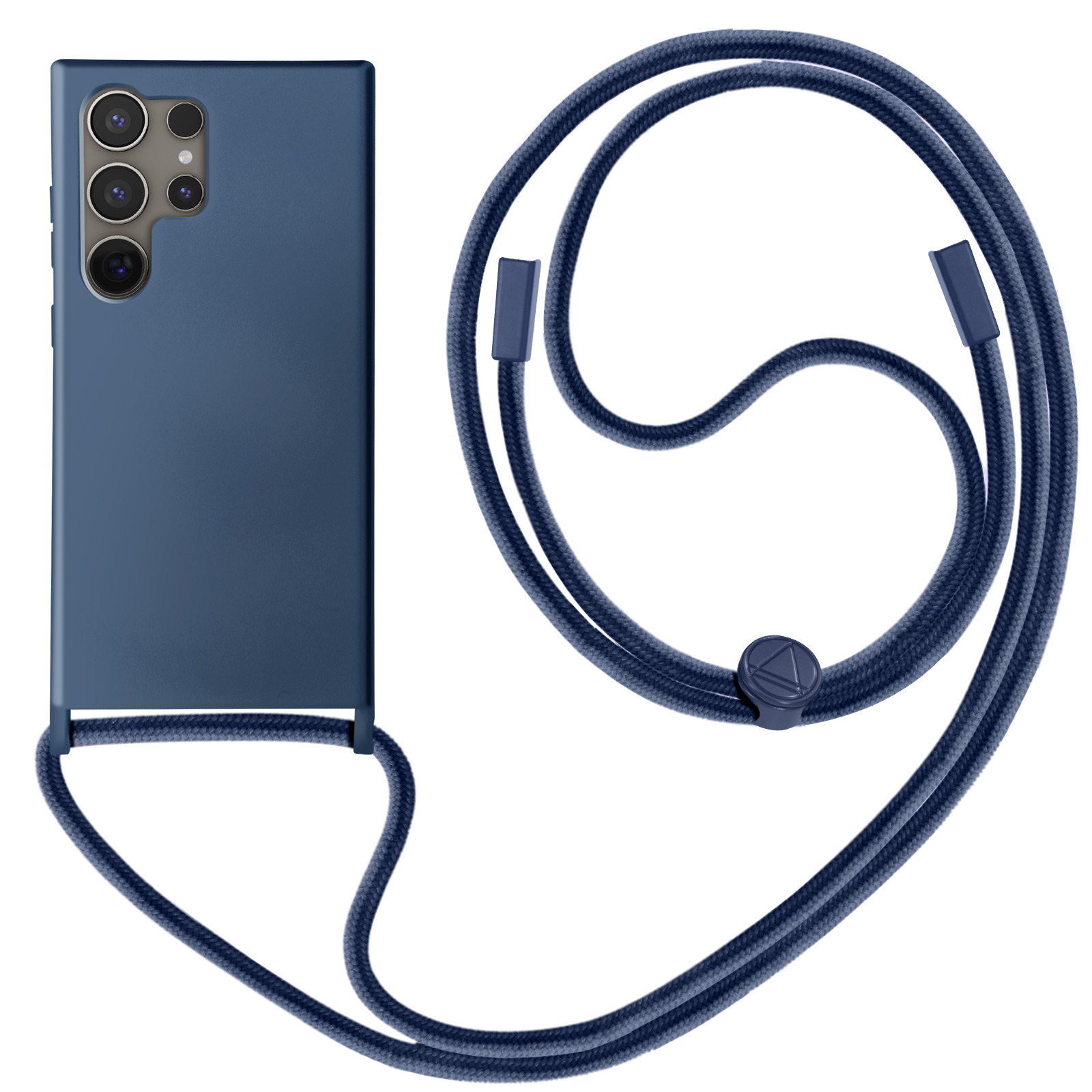 Custodia e cordino blu per telefono. Sfondo bianco, primo piano.