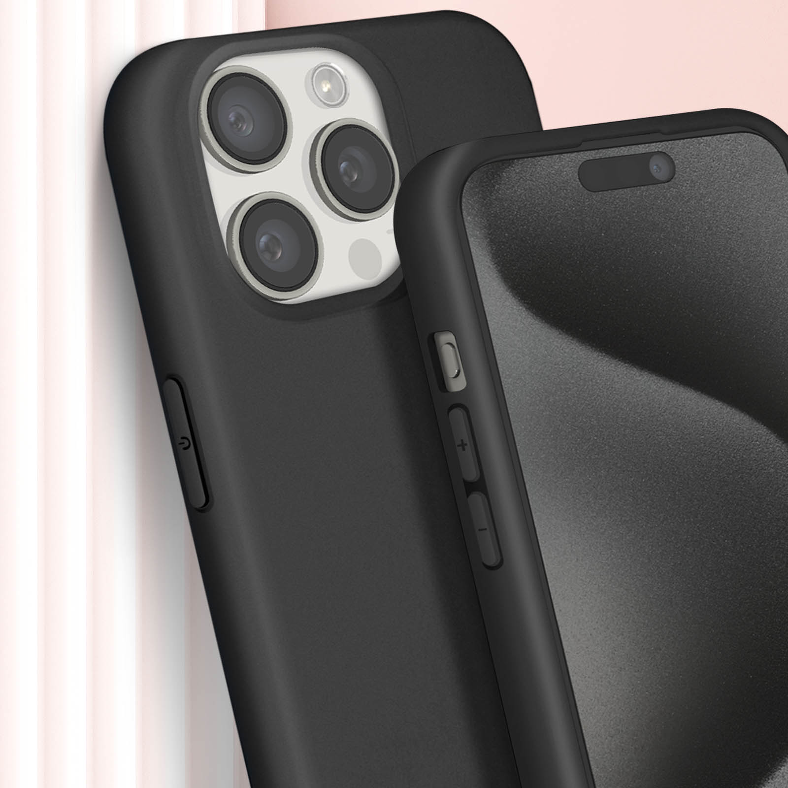 Due telefoni neri. Uno a fuoco, l'altro leggermente sfocato. Sfondo rosa.