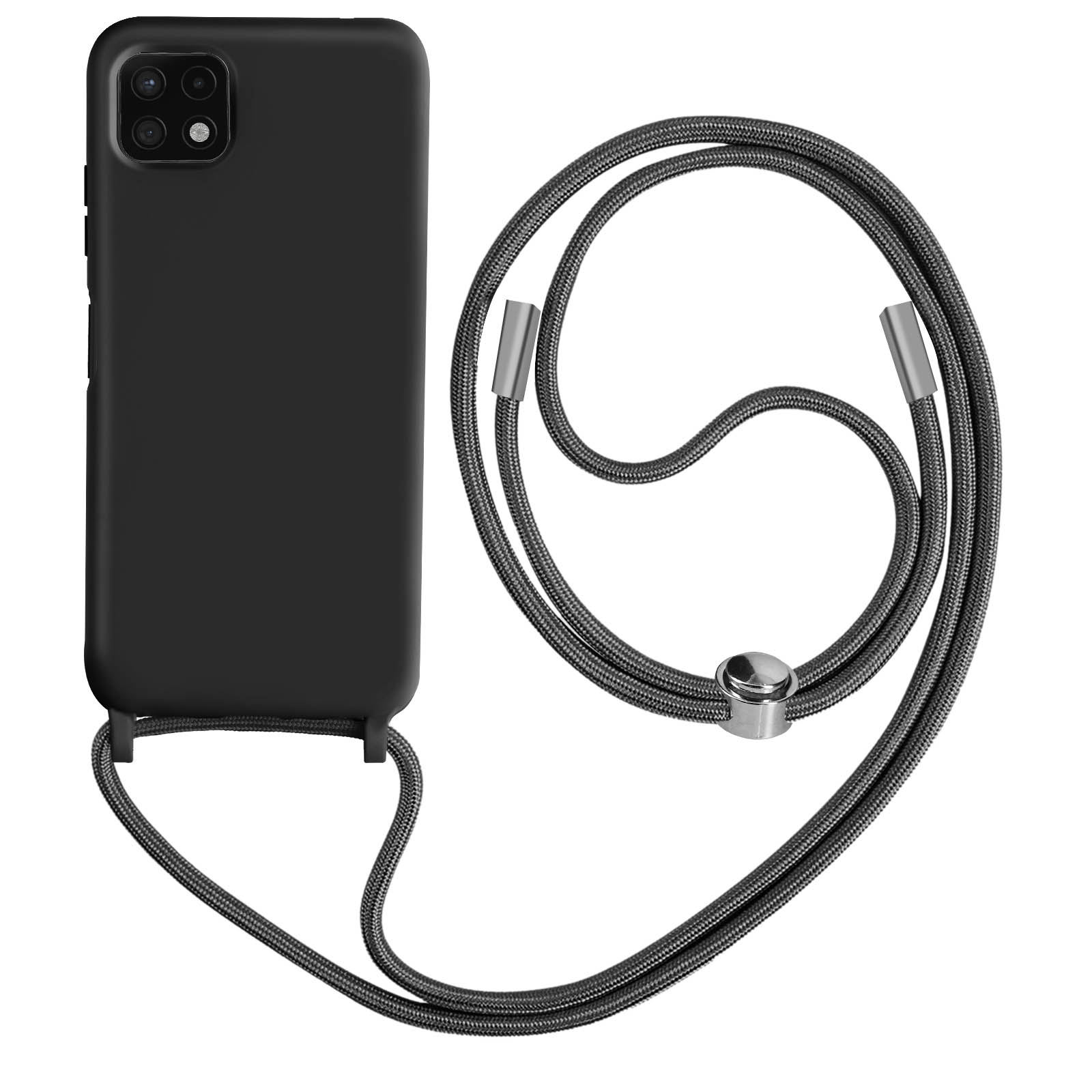 Zwarte telefoonhoes met een donkergrijs koord.