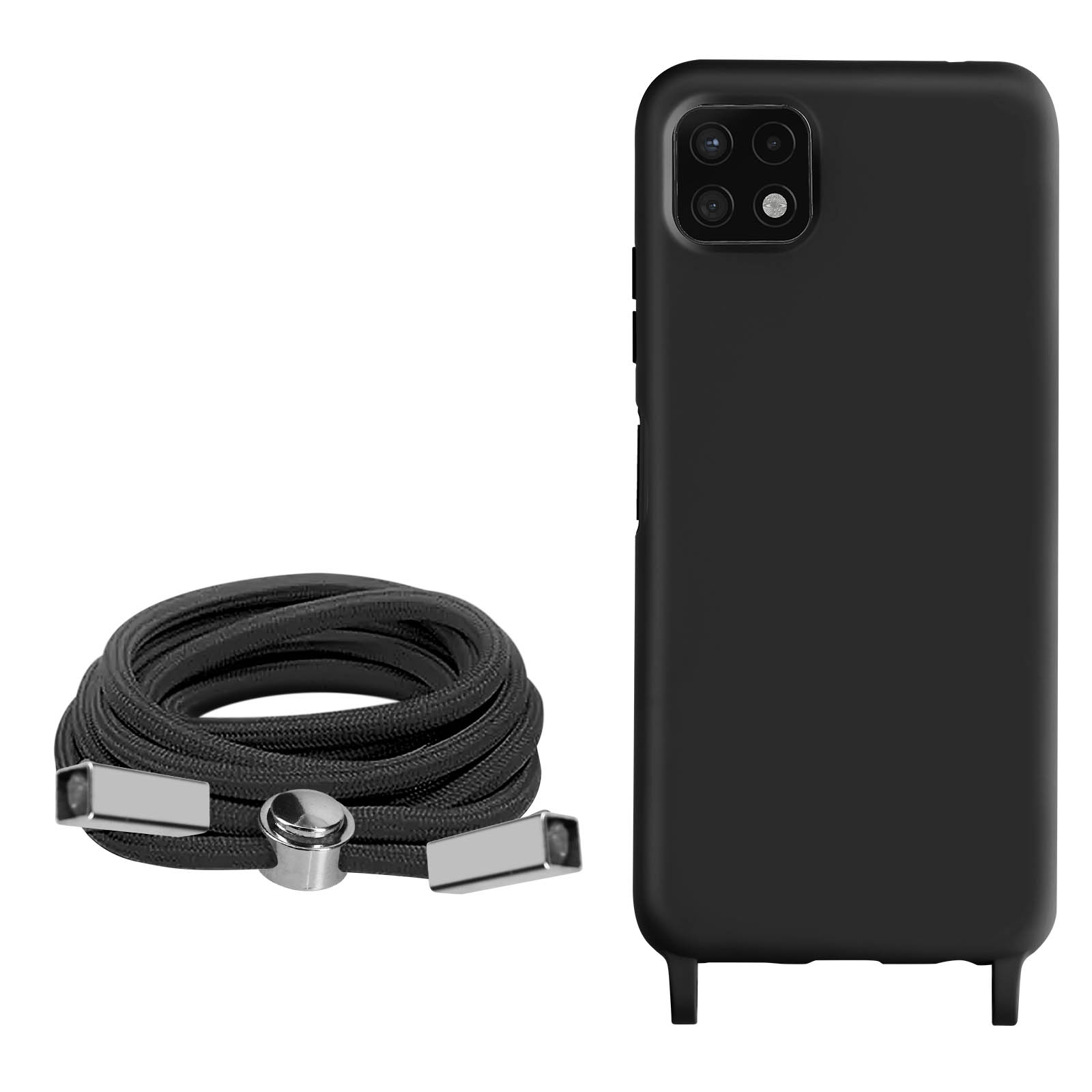 Zwarte telefoonhoes en telefoonriem. De telefoonhoes is zwart en de riem is zwart met zilveren accenten.