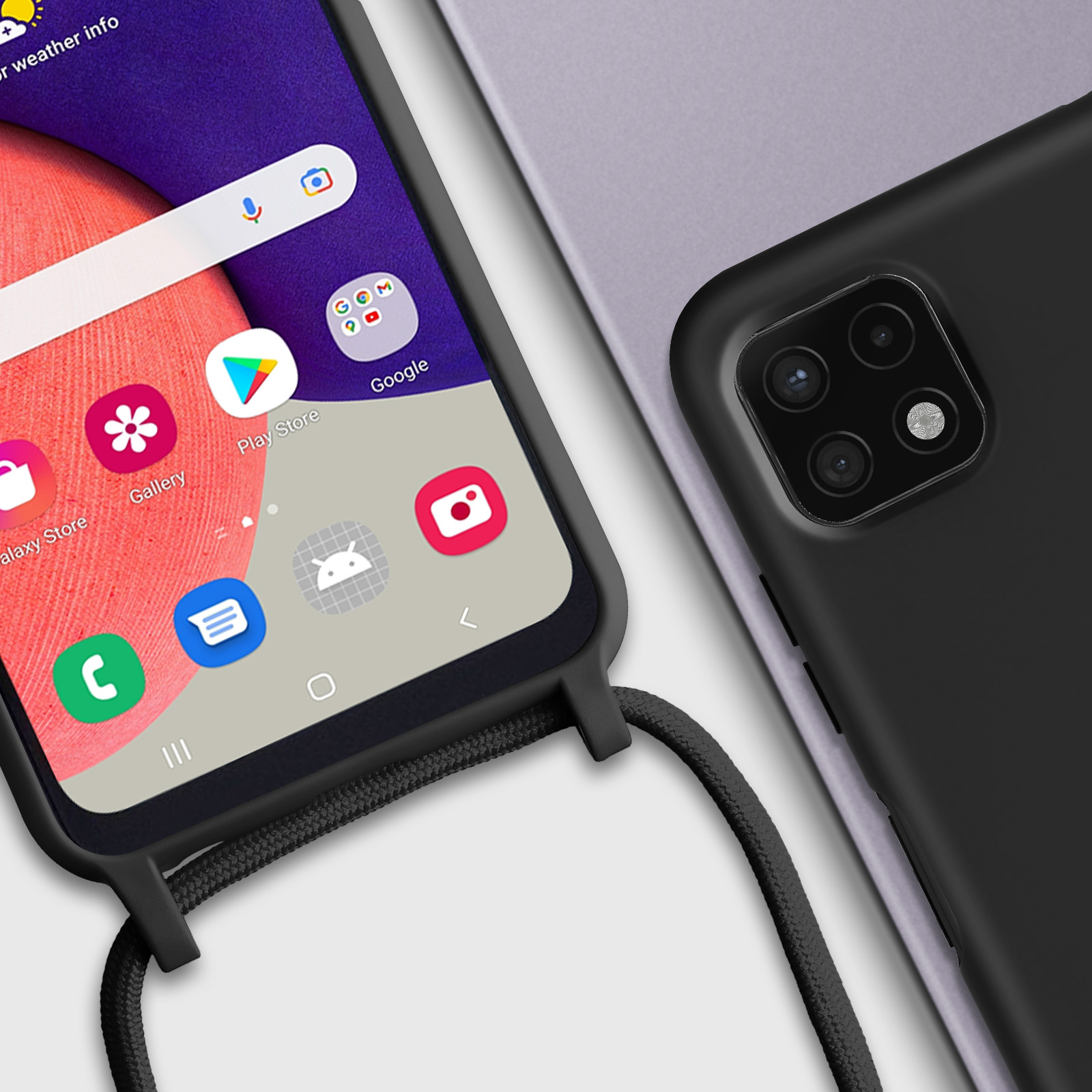 Close-up van twee telefoons. Eén heeft apps op het scherm, de andere heeft een zwart hoesje.