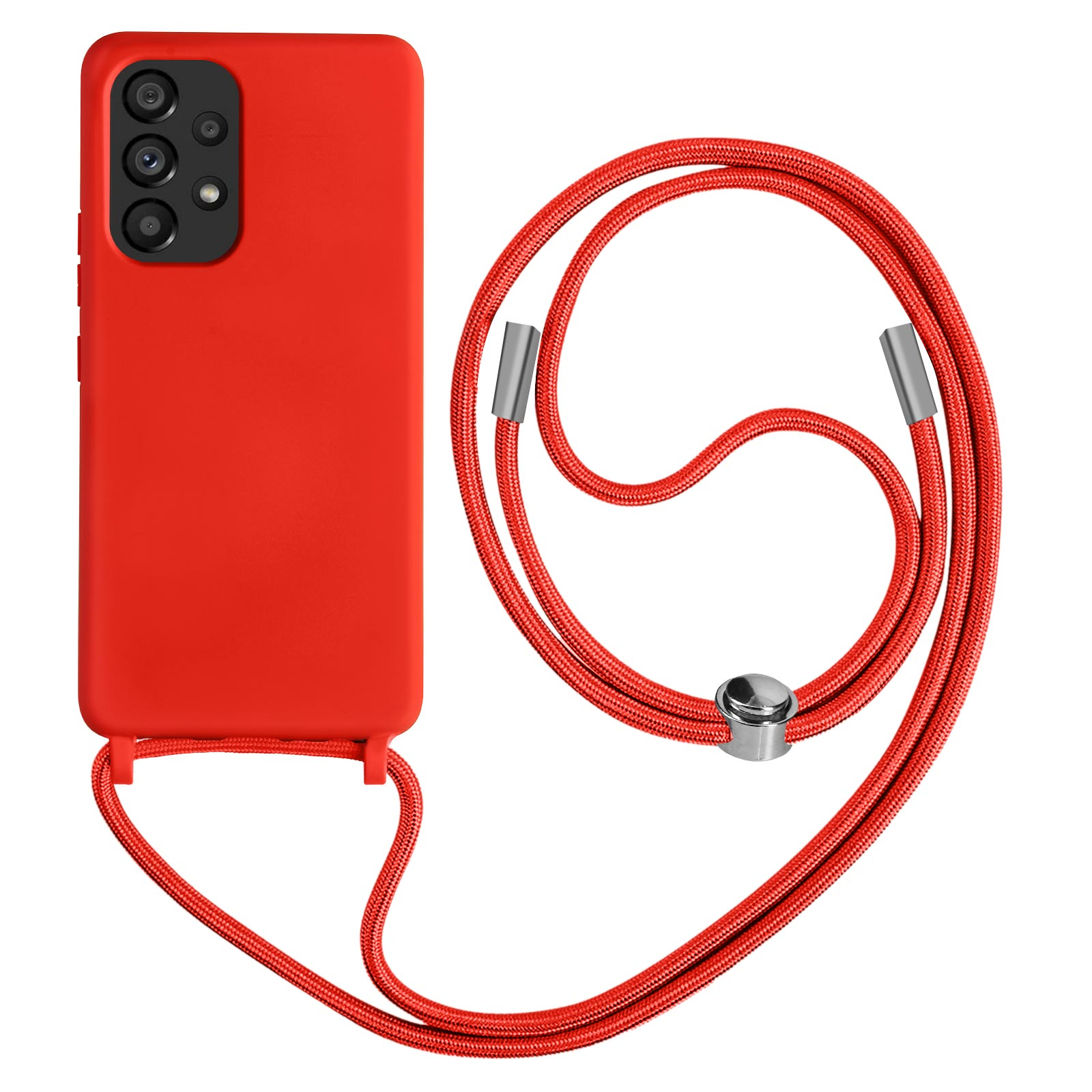 Coque de téléphone rouge et un cordon rouge assorti. Le cordon a une boucle. Le téléphone a une bosse pour l'appareil photo.