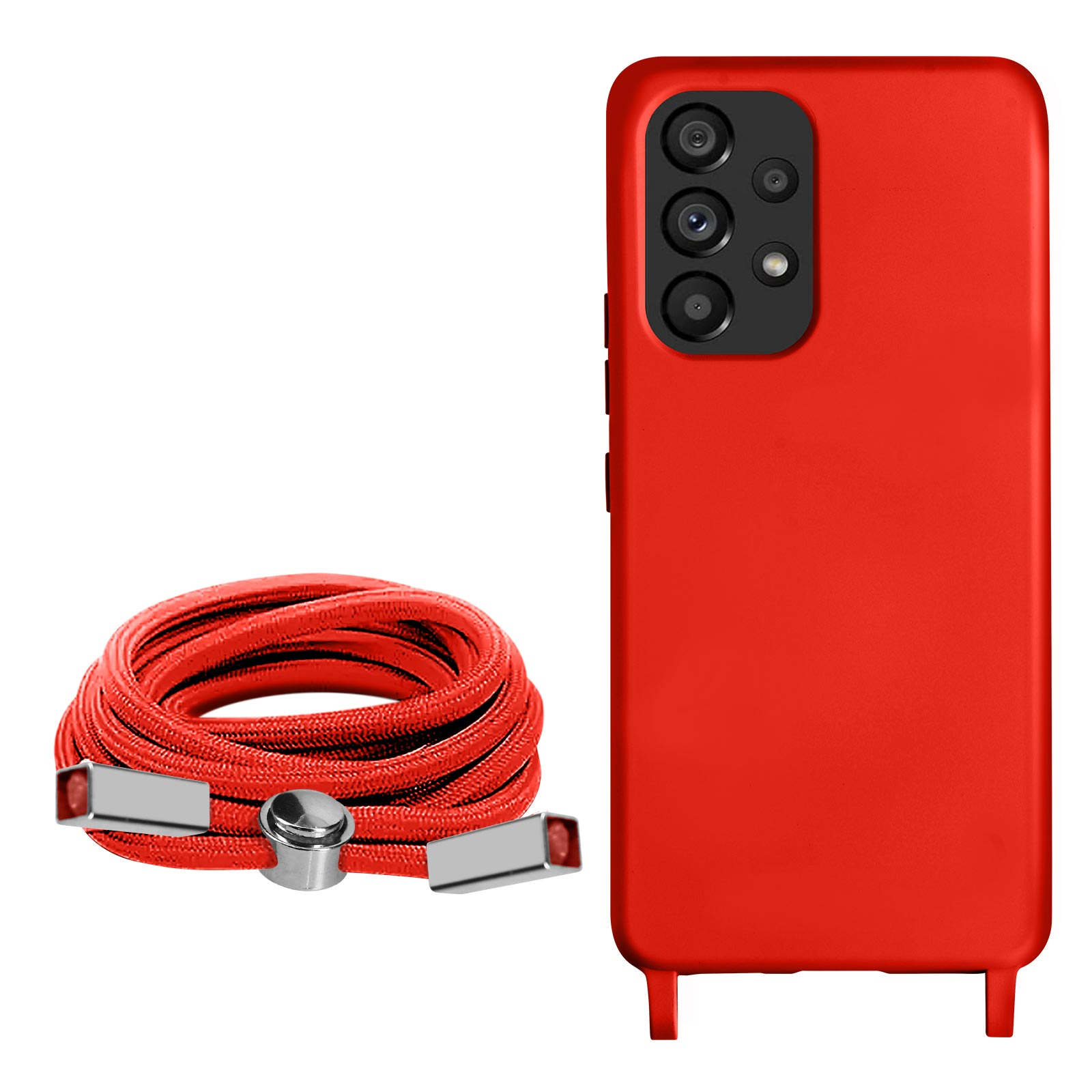 Coque de téléphone rouge et cordon rouge, avec un fond blanc.