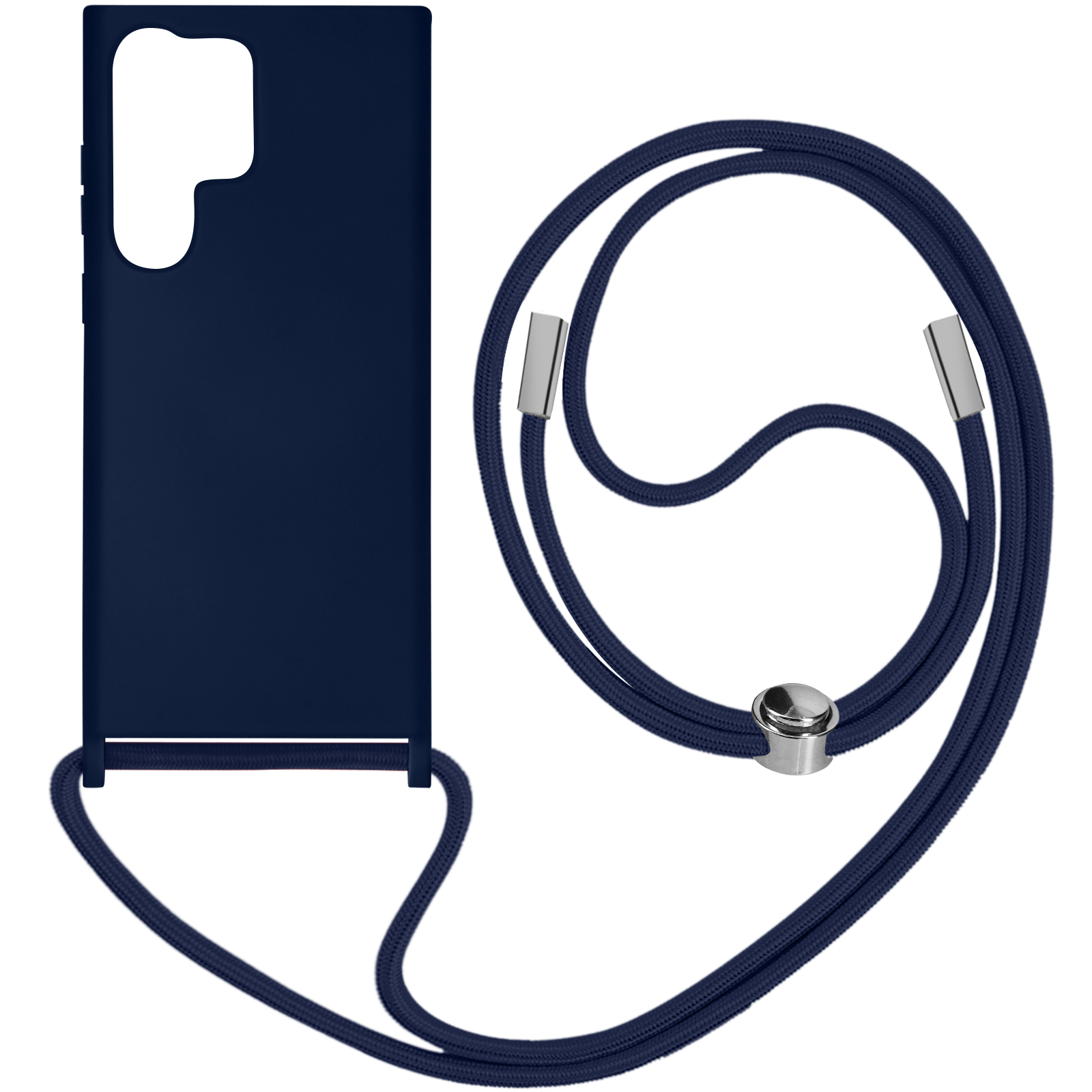 Custodia per telefono blu navy con cordino. Il cordino ha dettagli argentati.