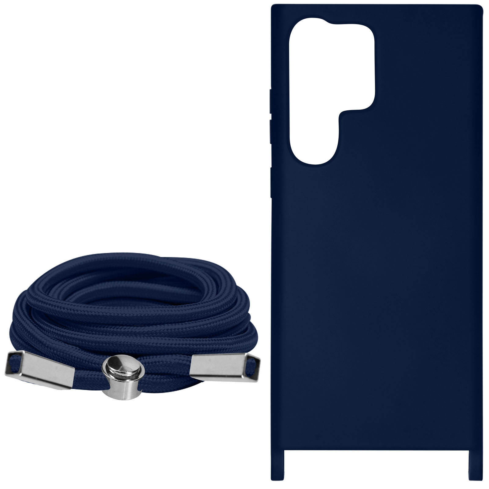 Custodia blu navy con cordino blu. Sfondo bianco.