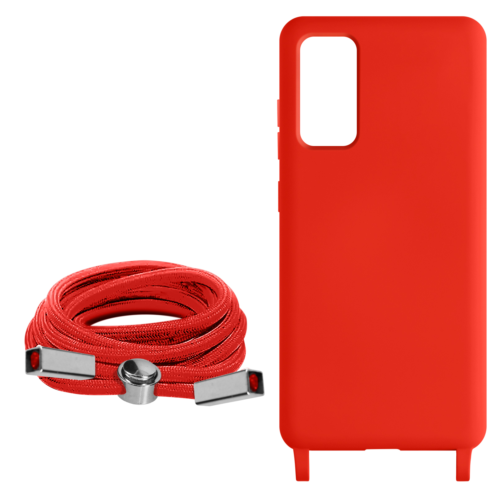 Coque de téléphone rouge et cordon tressé rouge avec connecteurs argentés et forme en spirale.